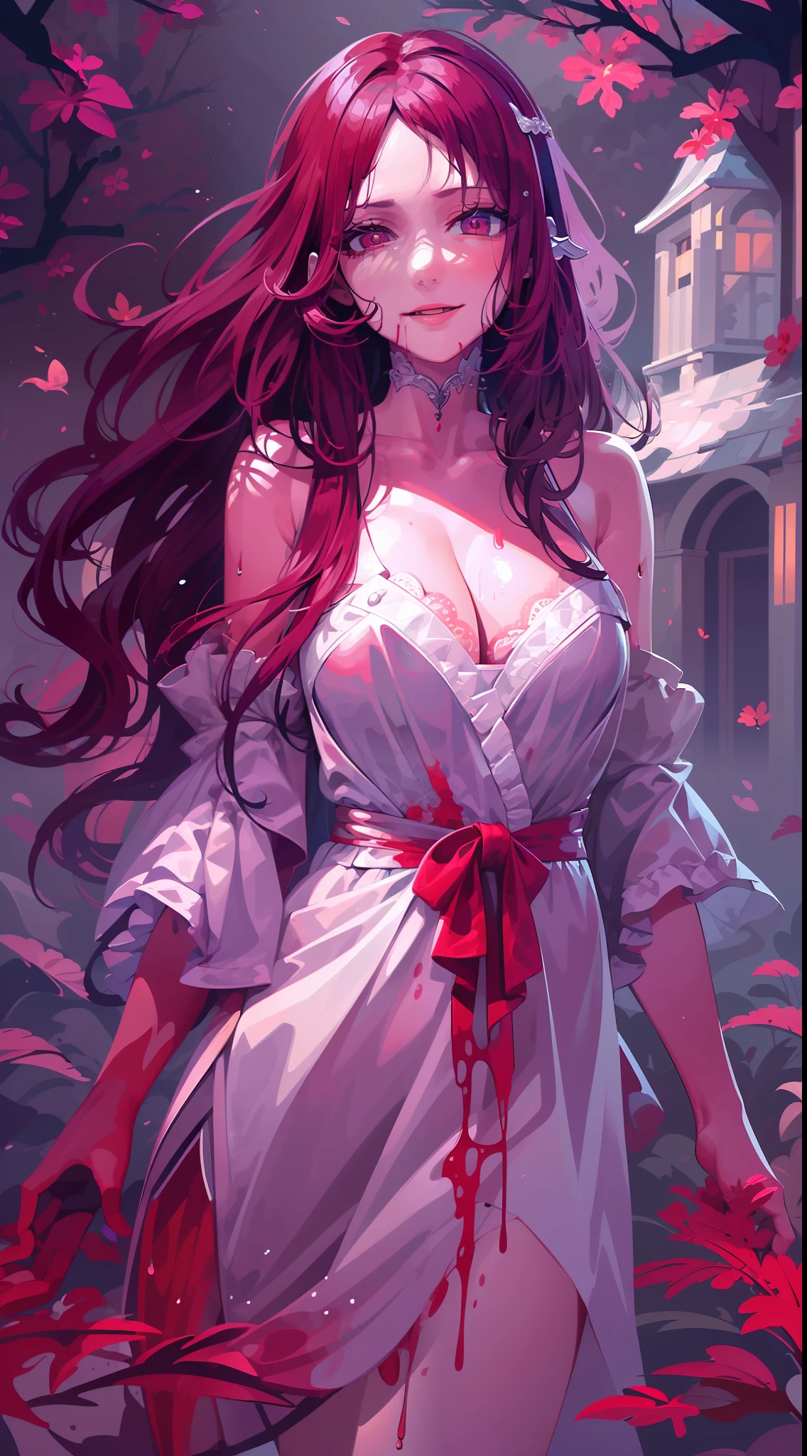 ((masterpiece)), (((best quality))), ((ultra-detailed)), ((illustration)),[realism light effect],shadow,(Fantasy style),(white background:1.6), simple background,A vampire girl，tilts your head，Bright red eyes，ssmile，Very long brown hair，open dress，Soak in a pool of bright red，Blood flows through the body