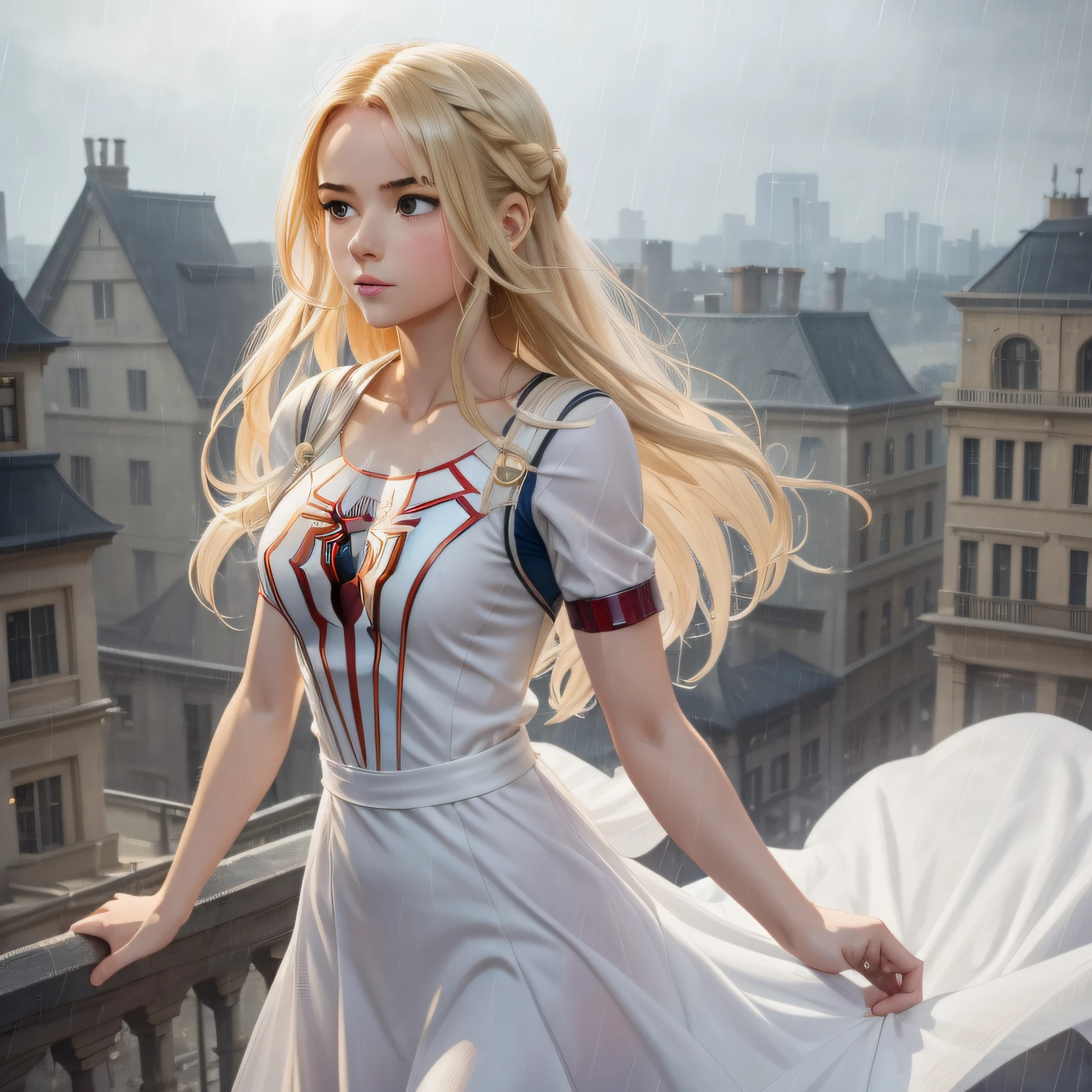 18 Yo girl, White Spider-Man dress, with long coiled hair, Blonde, Beautiful face, rain, Roof, Masterpiece, intricately details, Perfect anatomy, Facial and body details.
