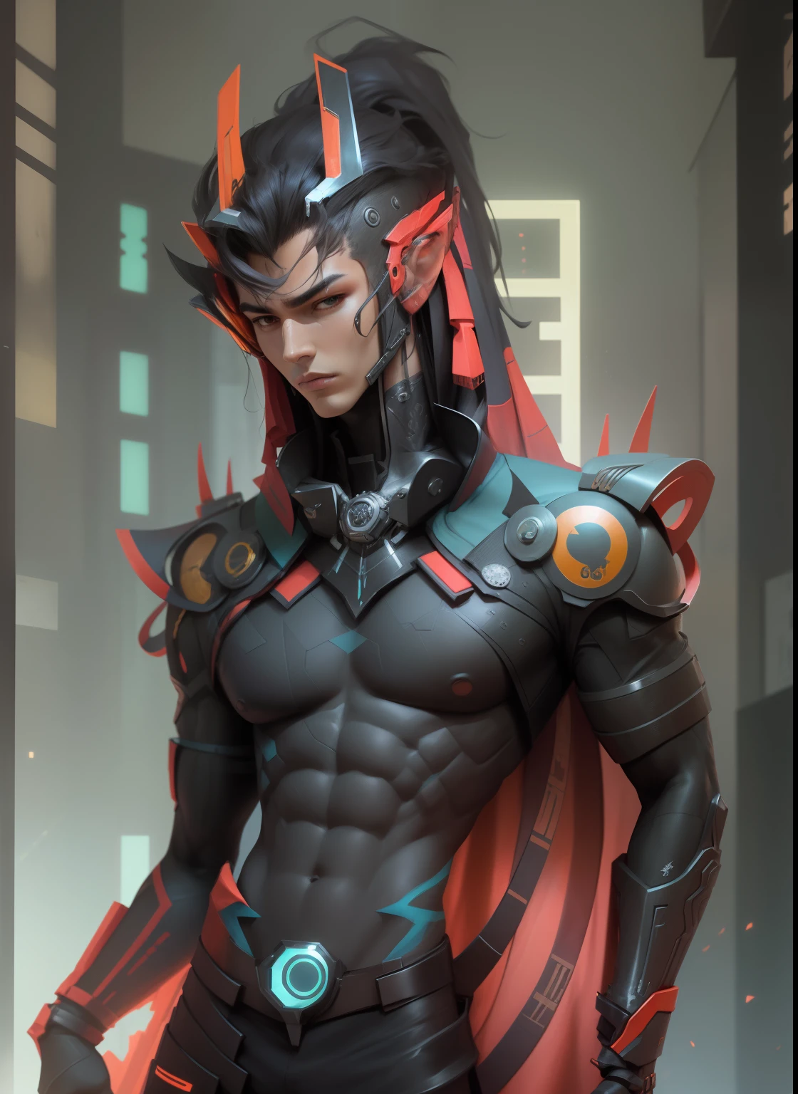Sculptural model design，Escultura，male people，Handsome，Future tech wind，cyber punk perssonage，musculous，Wu Yifan（Blank background），Egyptian-style color scheme