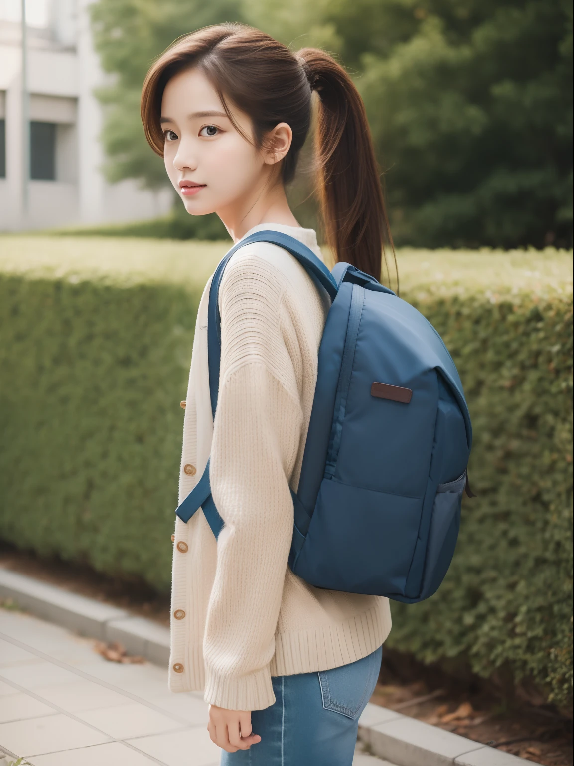 Masterpiece, realistic , hd, 1 girl, brown hair, ponytail, wear white shirt, wear brown cardigan, longsleeves, denim pants, wear backpack,(backpack:1.0) , wear sneakers, fullbody, standing, day, outdoor