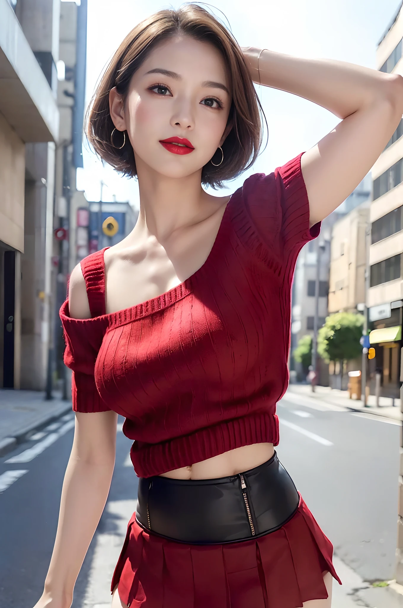 ((Show underarms、Ultra-realistic armpits、、Armpit、Detailed armpit wrinkles、Detailed armpit pores、Realistic armpit skin、Black armpit skin、Black armpits、armpit pose、gazing at viewer、smil、Full body armpits standing facing the viewer、Show both armpits、micromini skirt、Very short skirt、No panties、With no pan、Super mini skirt with waist length slit、No pants super mini skirt with waist length slit、Standing on the street、Stand in the middle of town、in a street)), (illustratio), (hight resolution), (8K), (ighly detailed), (The best illustrations), (armpit pose、beatiful detailed eyes), (top-quality), (ultra-detailliert), (masterpiece), (wall-paper), (详细的脸), (A smile、((40 years,red lipsticks,femele,Show realistic armpits))、Brown hair,short-hair,((Woman without panties in red short sleeve sweater and very short skirt)), japanes,Colossal tits、Very big。