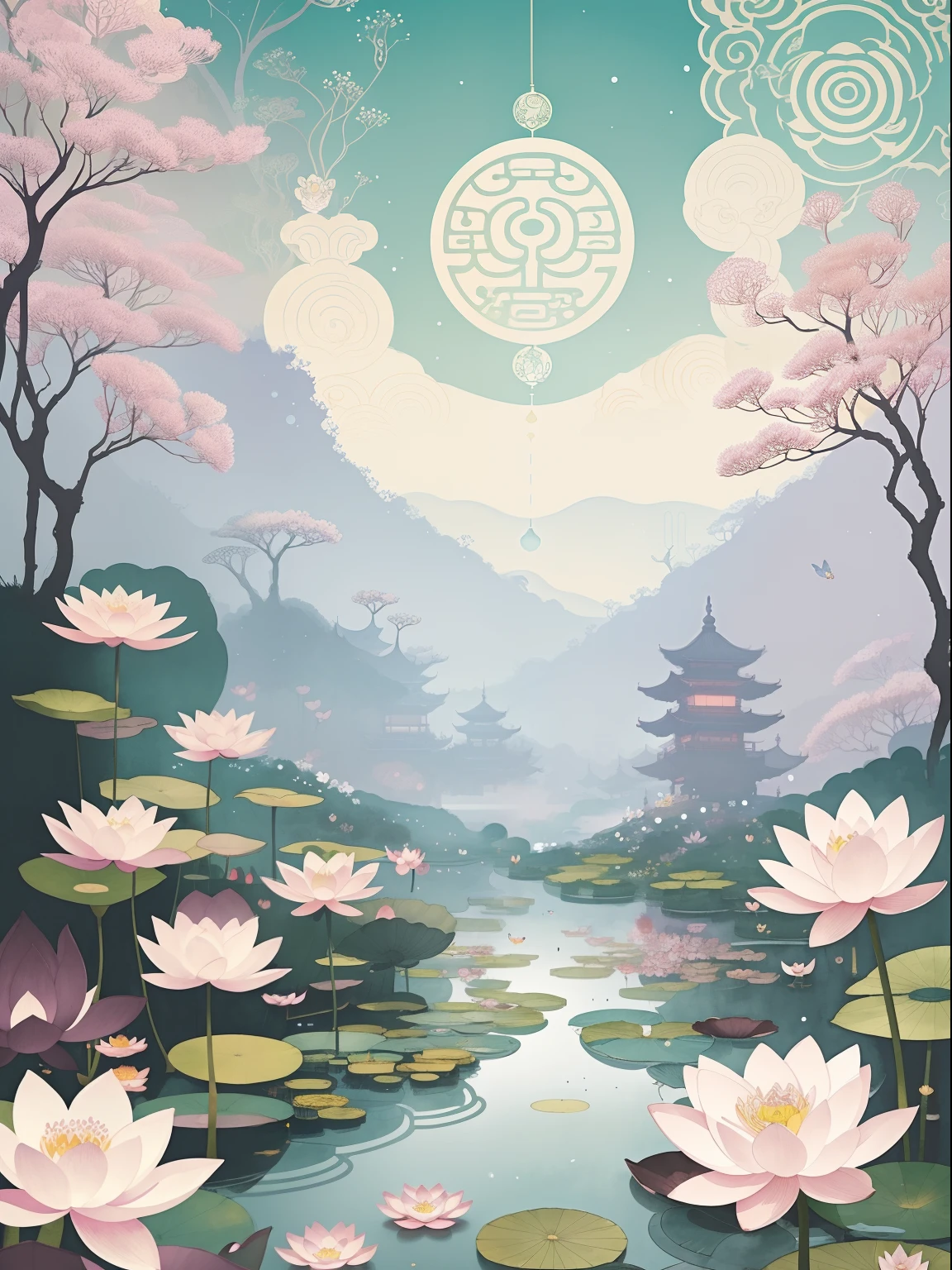 There are a lot of rabbits holding up lanterns on the stones, a storybook illustration inspired by Victo Ngai, pixiv contest winner, Art Nouveau, A beautiful artwork illustration, mythical floral hills, fairy tale style background, dreamlike illustration, Surreal lotus, floral environment, Lotus pond, Chinese style painting, Chinese watercolor style, background artwork