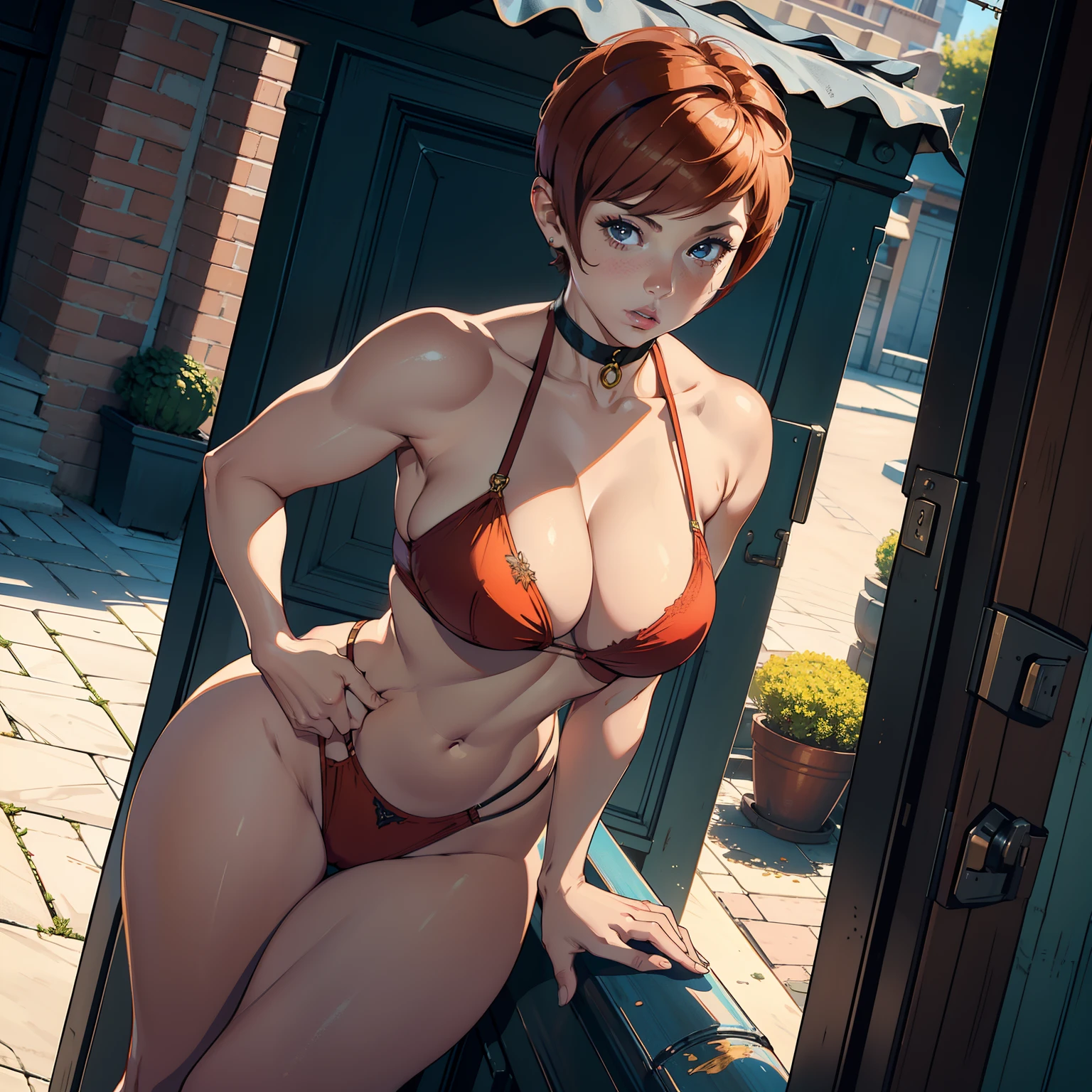 (high resolution, The pixels are perfect, luxurious illustration), (hyper qualit, Masterpiece, Ethereal: 1.4), nagatiti, (Medium breasts: 1.75), (Breast tightness: 1.3), (Bimbo 1.25 ), (nacked hip: 1.4), (Realism:1.4), (Realistis:1.4), (absurderes:1.4), 8K, Ultra-detailed, Beautiful and delicate mature face,(Solo:1.4), (red honey) Hair, (((Pixie cut))), 1girll, (Face viewer: 1.25), Intricate body details, (A MILF: 1.4), (Curvy:1.35), Mexican woman poses on balcony wearing ribbon, big-areola ,Carmelto,Titillating ，Torn, Very beautiful, Curvy physique, Fitness model, Thick body, Superhero bikini bodybuilder，，(((Hand touches Carmelto)))，Naughty face，opening legs