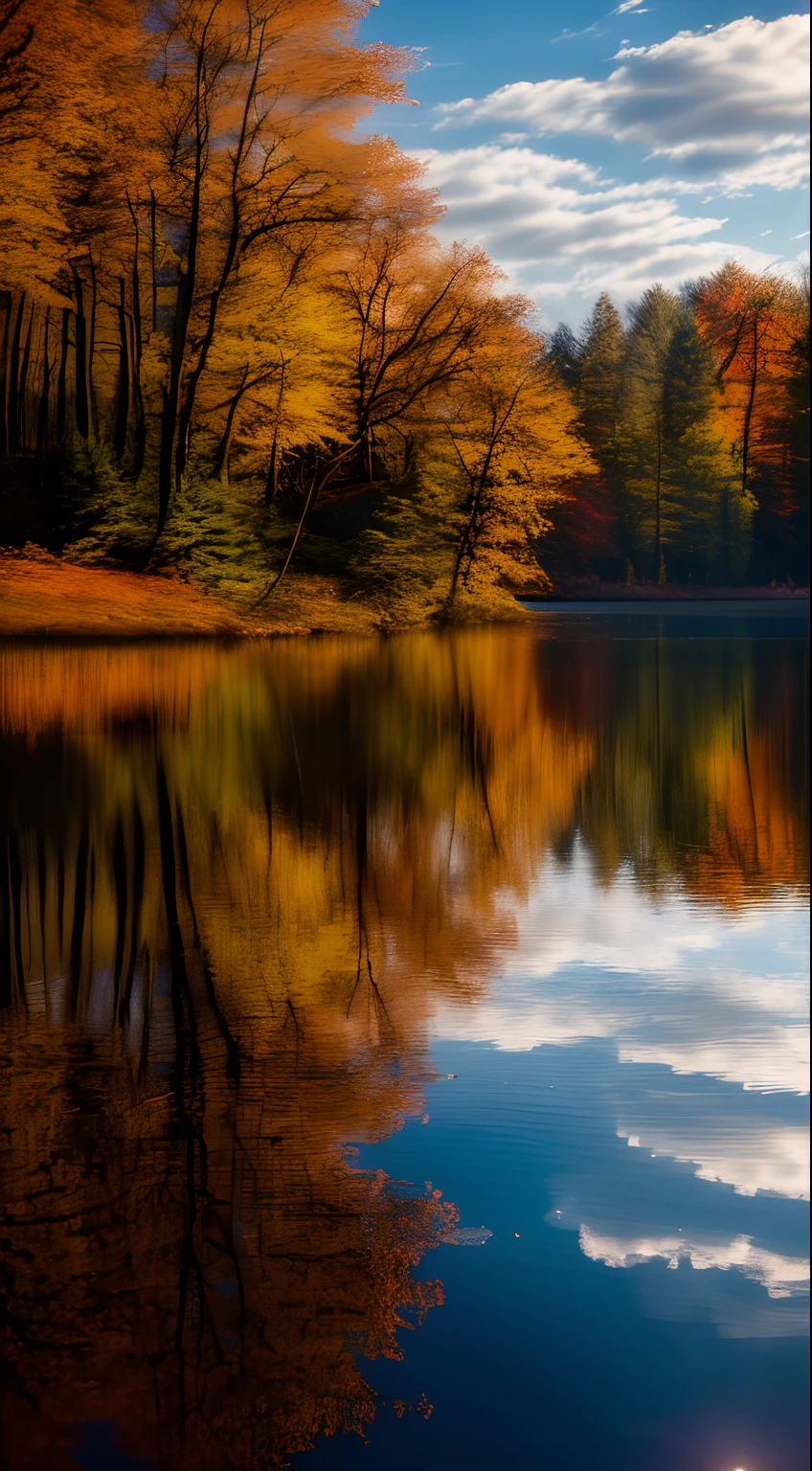 the wallpaper,autumnal, lake, zori, ln the forest, Detailed forest, Clouds, tmasterpiece, cinematic ligh, softlighting, depth of fields, Ray traching, reflection in water, hentail realism, Ulla detailed,