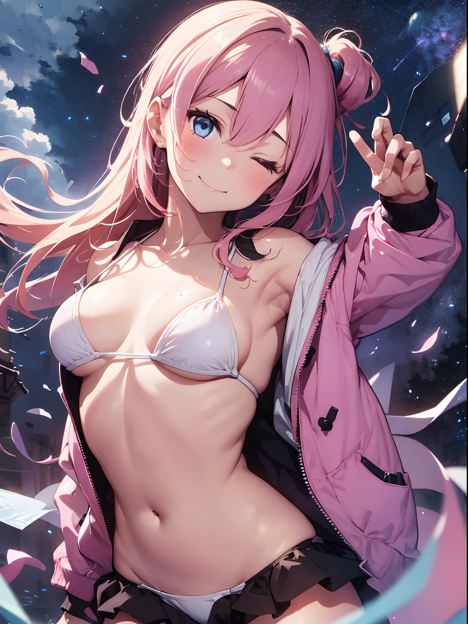 absurdres, absolutely resolution, incredibly absurdres, highres, ultra detailed, official art, unity 8k wallpaper, Kinetic Typography
BREAK
(1girl, solo:1.4), (cute, kawaii), dynamic poses, dynamic angle, cowboy shot, upper body
BREAK
smile, blush, looking at viewer, (peace symbol, fingers to cheeks:1.2), (head tilt, model posing:1.4), tongue out, one eye closed
BREAK
long hair, very long hair, pink hair, hair between eyes, bangs, blue eyes, breasts, small breasts, navel, closed mouth, hands up, groin, collarbone, coquettish skin
BREAK
open clothes, open shirt, open jacket, (pink jacket:1.4), shirt, pink shirt,sleeves past wrists, long sleeves, off shoulder, bare shoulders
BREAK
swimsuit, polka dot, bikini, (lowleg bikini ,polka dot bikini, white bikini,:1.4) (tie_side, string bikini:1.2)
BREAK
resort pool at daytime
BREAK
nice hands, perfect hands,