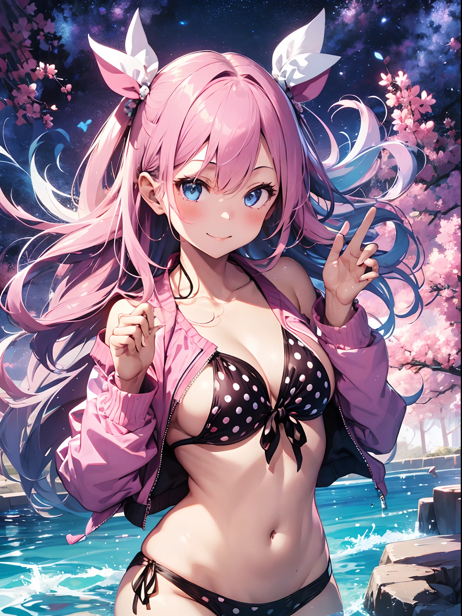 absurdres, absolutely resolution, incredibly absurdres, highres, ultra detailed, official art, unity 8k wallpaper, Kinetic Typography
BREAK
(1girl, solo:1.4), (cute, kawaii), dynamic poses, dynamic angle, cowboy shot, upper body
BREAK
smile, blush, looking at viewer, (peace symbol, fingers to cheeks:1.2), (head tilt, model posing:1.4), tongue out, one eye closed
BREAK
long hair, very long hair, pink hair, hair between eyes, bangs, blue eyes, breasts, small breasts, navel, closed mouth, hands up, groin, collarbone, coquettish skin
BREAK
open clothes, open shirt, open jacket, (pink jacket:1.4), shirt, pink shirt,sleeves past wrists, long sleeves, off shoulder, bare shoulders
BREAK
swimsuit, polka dot, bikini, micro bikini, (lowleg bikini ,polka dot bikini, pink bikini,:1.4) (tie_side, string bikini:1.2)
BREAK
Resort Pool
BREAK
nice hands, perfect hands,