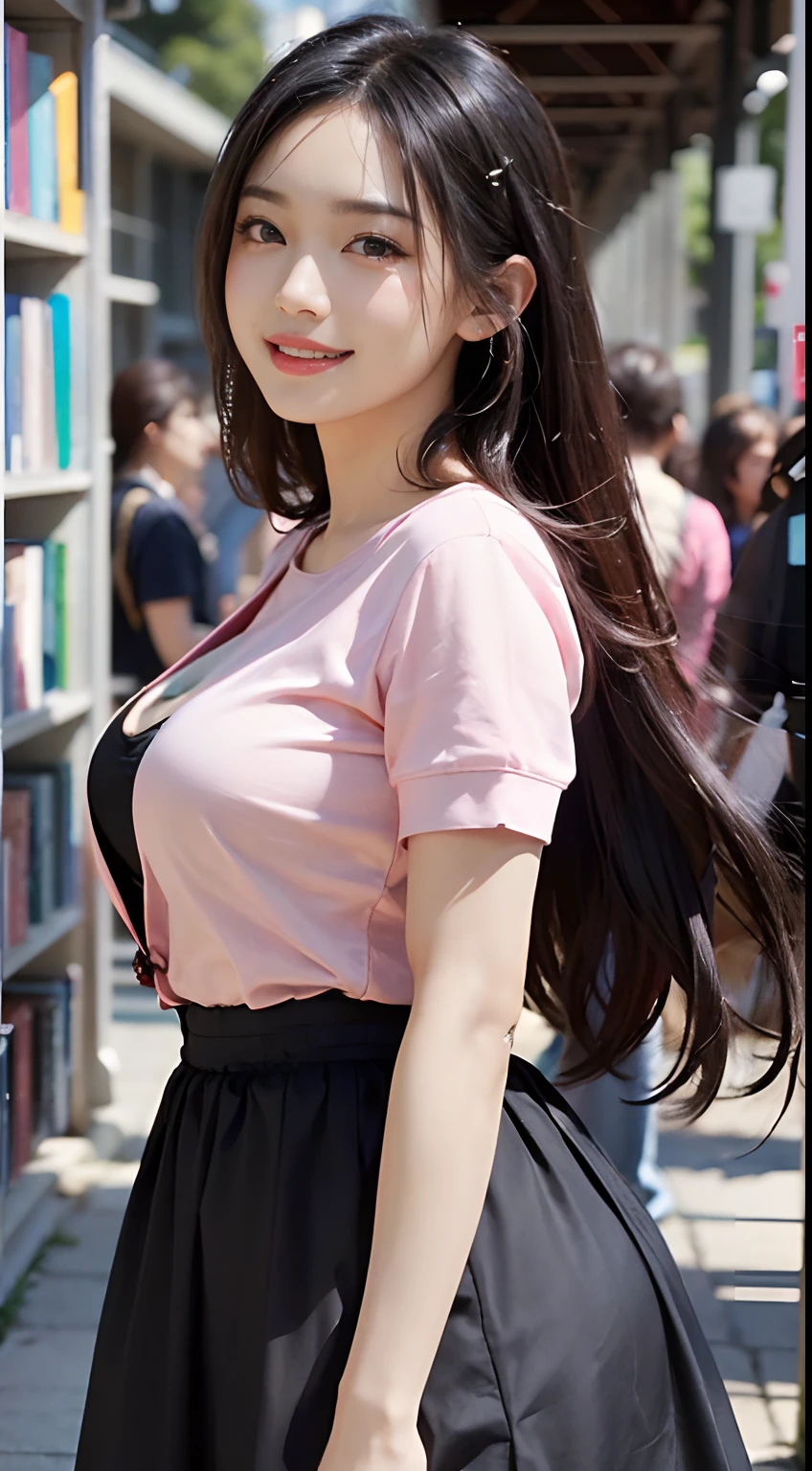((standing on your feet、ultra-realistic realism、The whole body faces the audience,on the campus、In front of the campus library、The whole body is lit up), (illustratio), Pink shirt、long skirt,(A high resolution)), (8K), (The is very detailed), (The best illustrations), (stand posture、beatiful detailed eyes), (top-quality), (ultra - detailed), (tmasterpiece), (the wallpaper), (详细的脸), (A smile)、femele,Black color hair,long whitr hair,1girll, Chinese big breasts,mediuml breasts