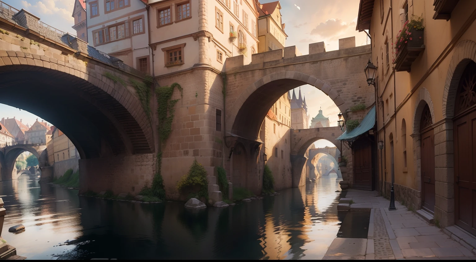 Stone street of Prague , bridge, river, picturesque street of ancient architecture, studded with bright flowers. Watercolor, trending on artstation, sharp focus, studio photo, intricate details, highly detailed, , Watercolor, trending on artstation, sharp focus, studio photo, intricate details, highly detailed, by greg rutkowski