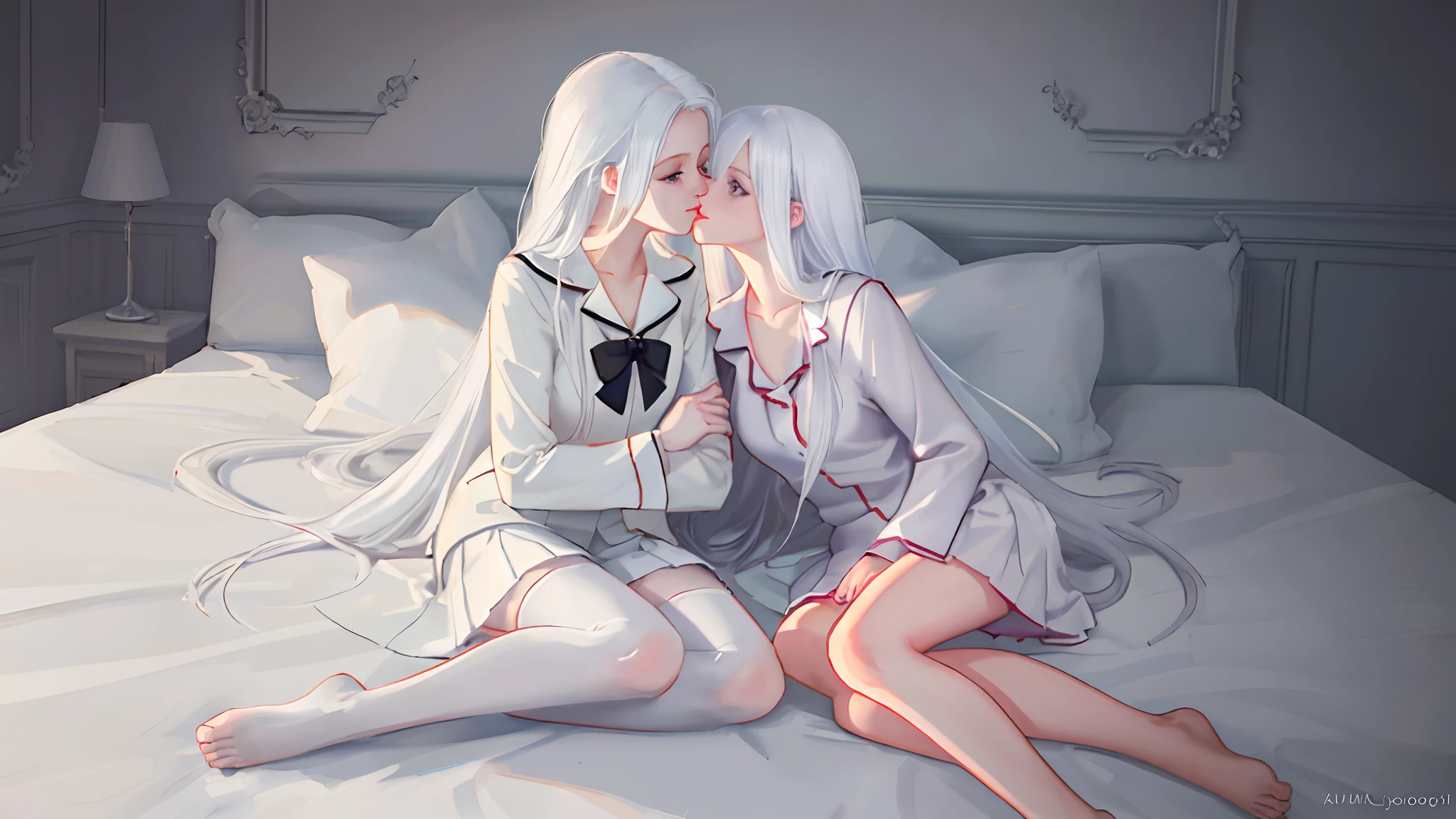 Reall, A girl with short black hair and a black bun, another girl lying behind her with her hands over her mouth and scared, with white hair, both of them have white skin, both of them lay naked under a black blanket