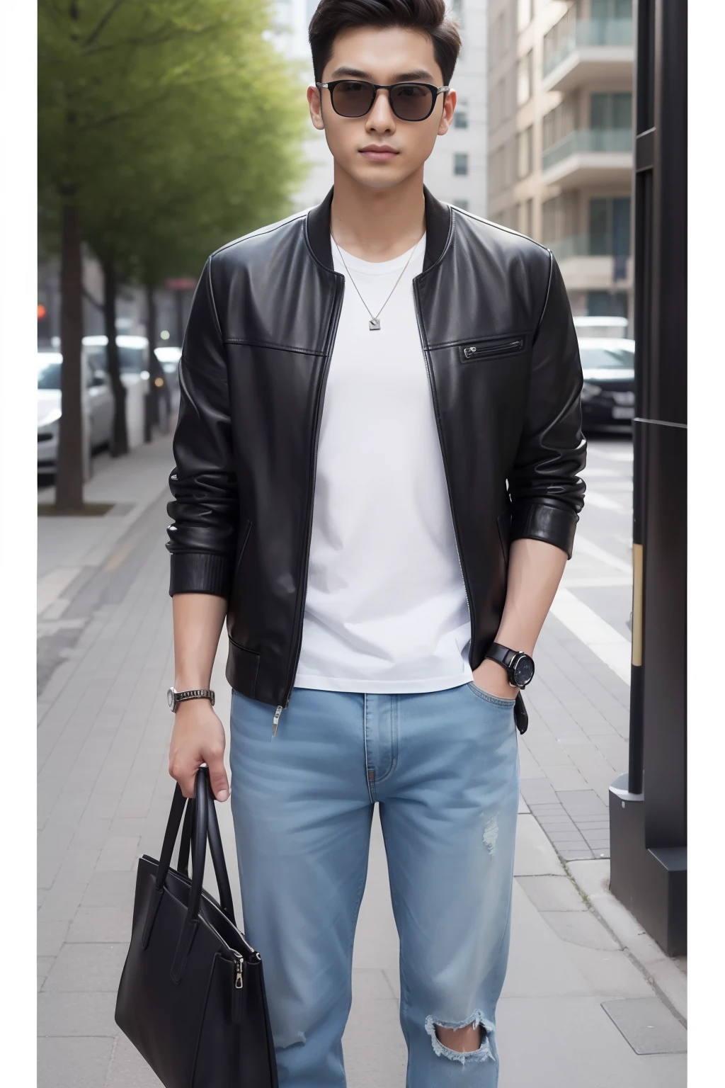 male portrait。Businessman in spring and summer street style。For casual zarab leather、Pair with a simple white Uniqlo T-shirt。Levi's slim-fit jeans for a relaxed yet professional look。zora々Nike sneakers for added flavor。The overall appearance is、Leather bracelet combined with TAG Heuer watch。His face is full of confidence、The eyes look ahead to a positive future。