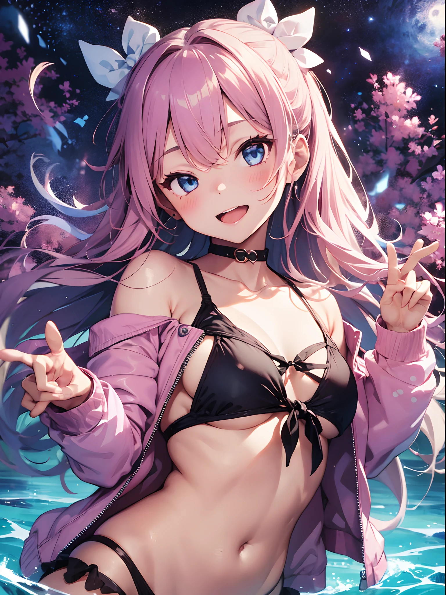 absurdres, absolutely resolution, incredibly absurdres, highres, ultra detailed, official art, unity 8k wallpaper, Kinetic Typography
BREAK
(1girl, solo:1.4), (cute, kawaii), dynamic poses, dynamic angle, cowboy shot, upper body
BREAK
smile, blush, looking at viewer, (peace symbol, fingers to cheeks:1.2), (head tilt, model posing:1.4), tongue out, one eye closed
BREAK
long hair, very long hair, pink hair, hair between eyes, bangs, blue eyes, breasts, small breasts, navel, closed mouth, hands up, groin, collarbone, coquettish skin
BREAK
open clothes, open shirt, open jacket, (pink jacket:1.4), shirt, pink shirt,sleeves past wrists, long sleeves, off shoulder, bare shoulders
BREAK
swimsuit, polka dot, bikini, micro bikini, (lowleg bikini ,polka dot bikini, pink bikini,:1.4) (tie_side, string bikini:1.2)
BREAK
Resort Pool
BREAK
nice hands, perfect hands,