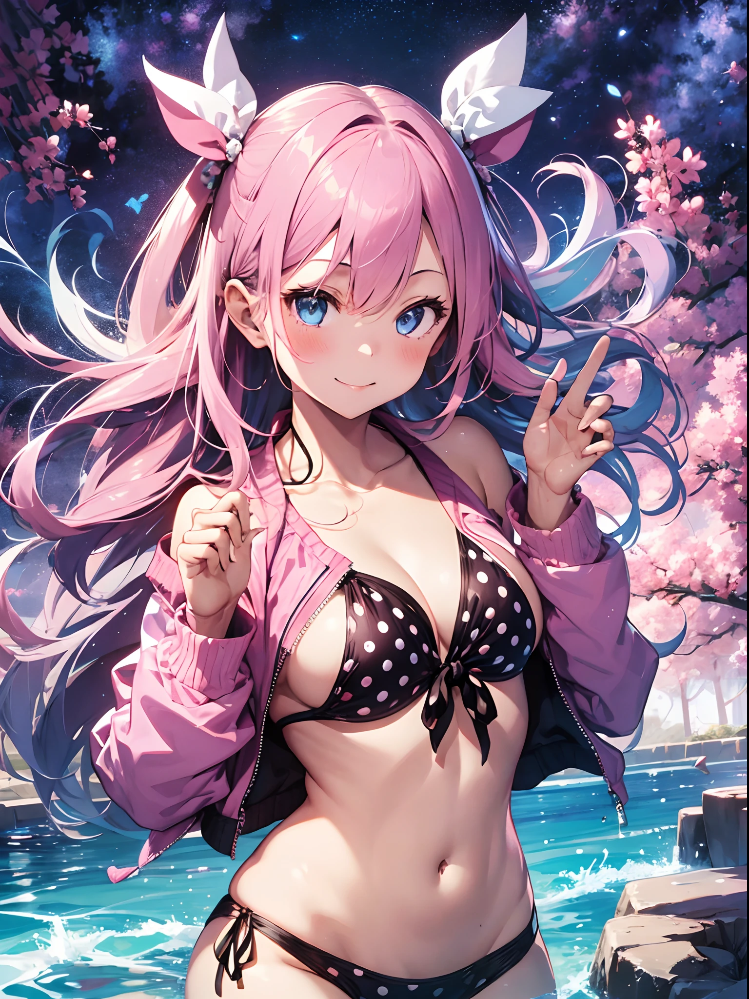 absurdres, absolutely resolution, incredibly absurdres, highres, ultra detailed, official art, unity 8k wallpaper, Kinetic Typography
BREAK
(1girl, solo:1.4), (cute, kawaii), dynamic poses, dynamic angle, cowboy shot, upper body
BREAK
smile, blush, looking at viewer, (peace symbol, fingers to cheeks:1.2), (head tilt, model posing:1.4), tongue out, one eye closed
BREAK
long hair, very long hair, pink hair, hair between eyes, bangs, blue eyes, breasts, small breasts, navel, closed mouth, hands up, groin, collarbone, coquettish skin
BREAK
open clothes, open shirt, open jacket, (pink jacket:1.4), shirt, pink shirt,sleeves past wrists, long sleeves, off shoulder, bare shoulders
BREAK
swimsuit, polka dot, bikini, micro bikini, (lowleg bikini ,polka dot bikini, pink bikini,:1.4) (tie_side, string bikini:1.2)
BREAK
Resort Pool
BREAK
nice hands, perfect hands,
