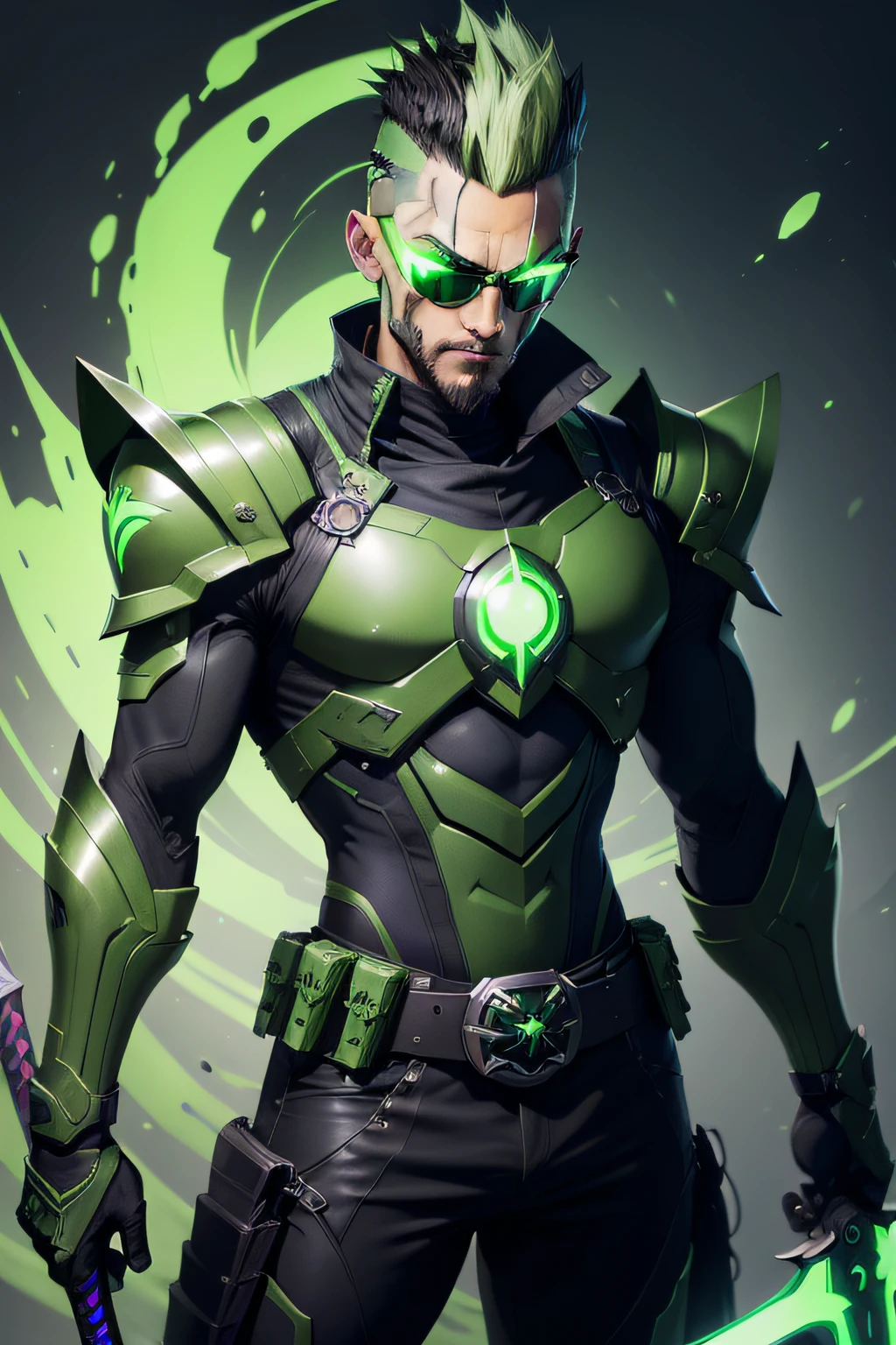 (best quality) (extra high definition) video game cartoon a man mask sunglasses viper hair Mohican green toxic mask in a green outfit with a sword, sleek glowing armor, green armor, painted in the style arcane, neon armor, omen from valorant, viper, glowing green soul blade, metallic green armor, cyberpunk smoke green toxic