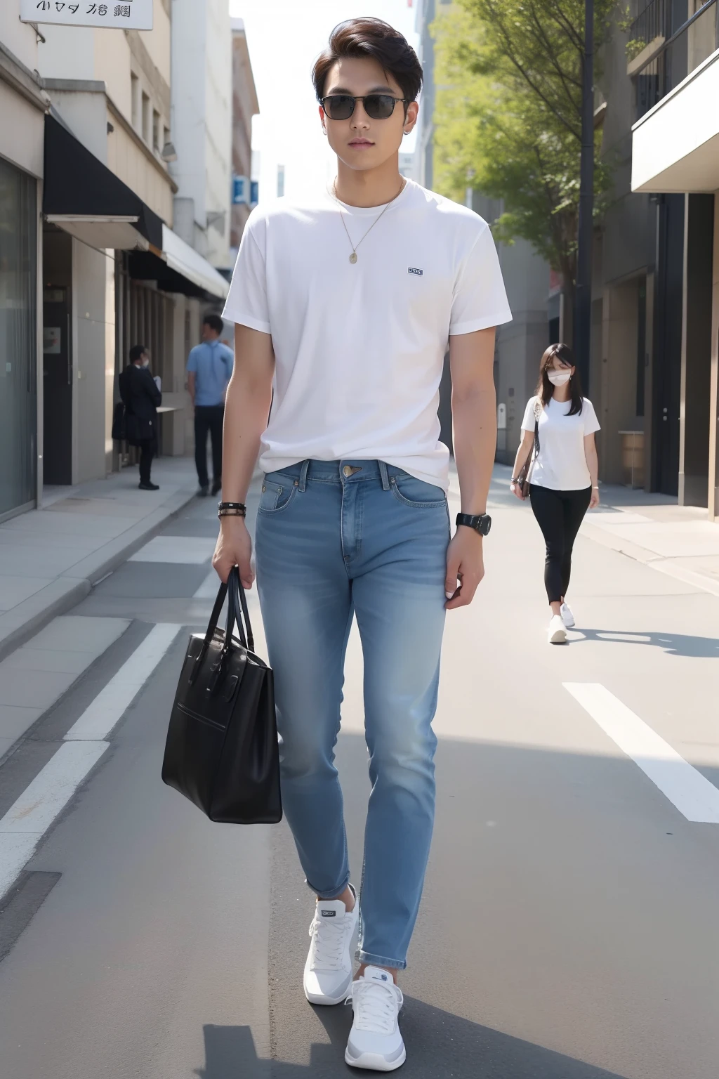 Businessman in spring and summer street style。For casual zarab leather、Pair with a simple white Uniqlo T-shirt。Levi's slim-fit jeans for a relaxed yet professional look。zora々Nike sneakers for added flavor。The overall appearance is、Leather bracelet combined with TAG Heuer watch。His face is full of confidence、The eyes look ahead to a positive future。