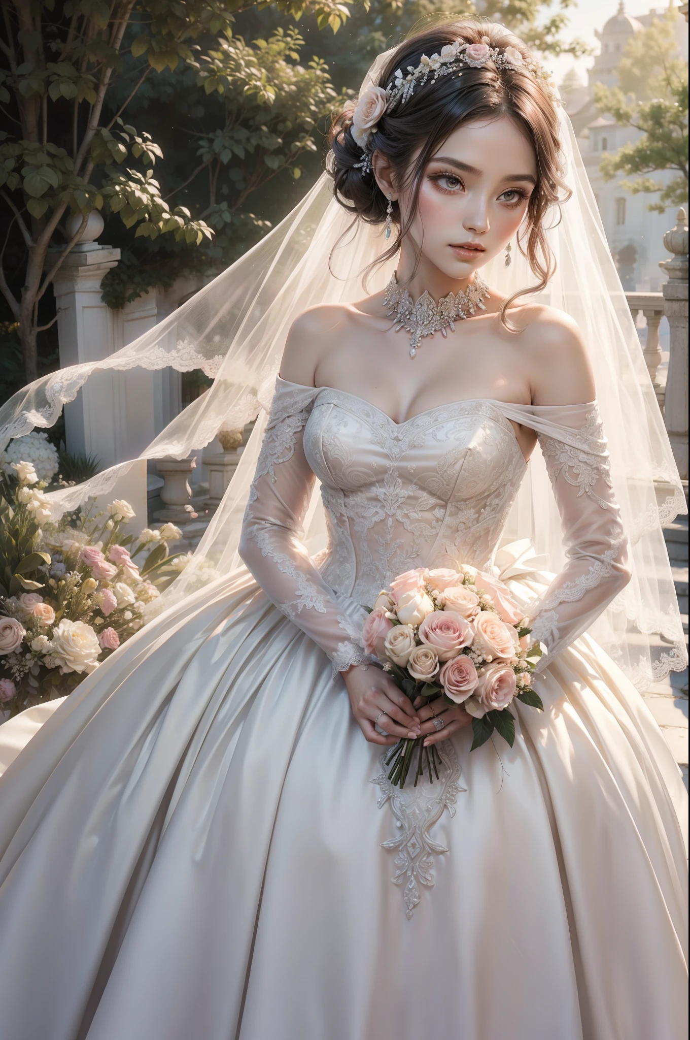 Bride with and isset Mikaye inspured wedding gown, imperial cut, drapped fabric, long sleeves with wide ends anf shoulder puff, low neckline, creamy whitein colour, silver jewelry, small bouquet of pink and apricot flowerS, romantic hairstyle, medium long veil, garden as background, natural soft sunlight.