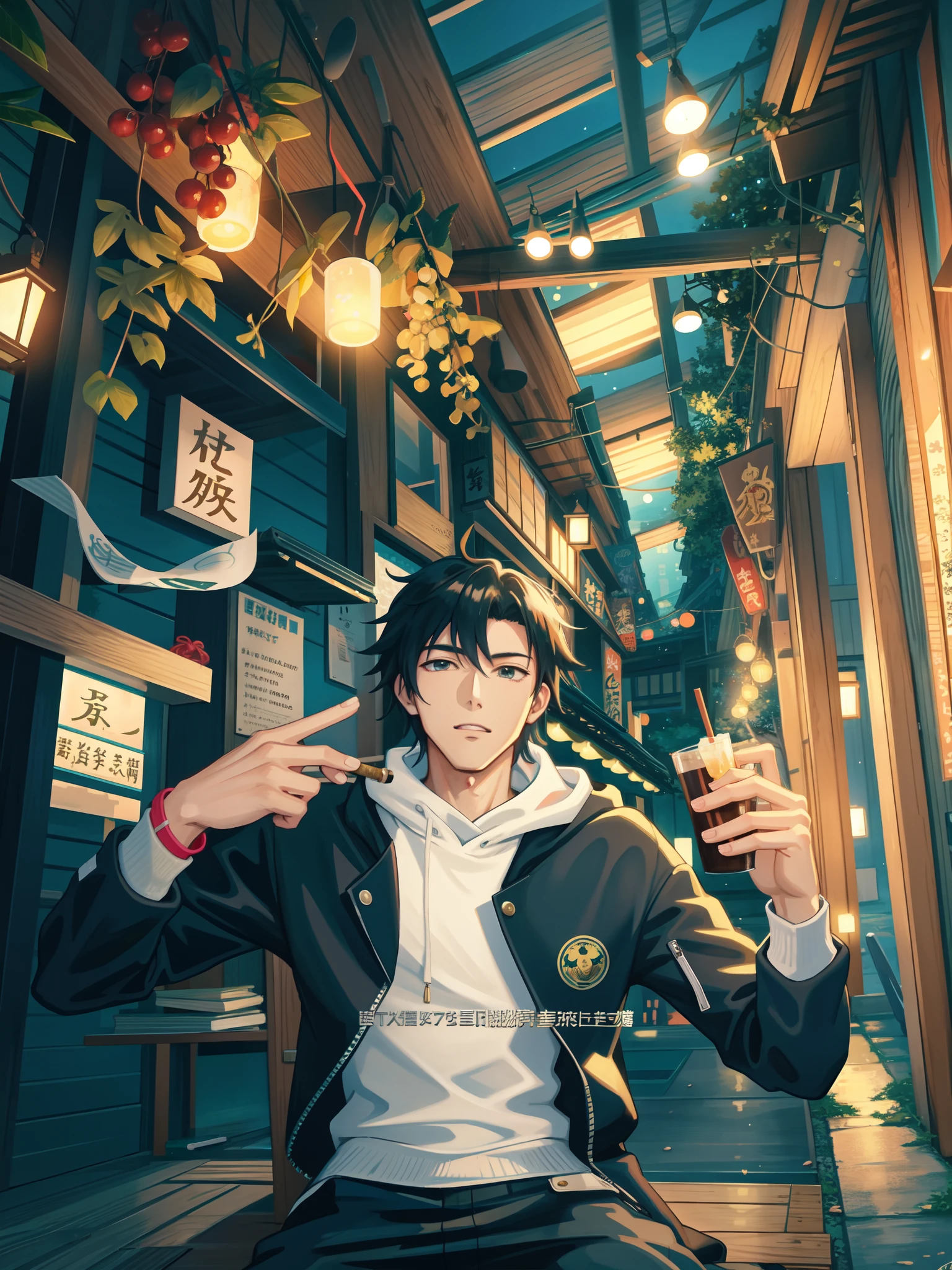 there is a man sitting at a table with a banana drinks in his hand, left hand showing peace, wearing oak hoodie, at nighttime, with cigar in mouth, cool pose, picture by Makoto Shinkai, same hairstyle, trending on cg society, conceptual art, kyoto animation still, guweiz and makoto shinkai, high quality anime movie still, ultra HD 4k, fine detail, as per image, outoor, pefect hand, anime style eyes.