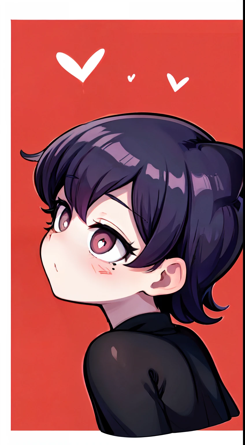 Komi Shuuko,（A white border around a red rectangular background：2.5），head looking up，Back view，sitting down，ahegao face，D-cups，whitesweater，High detail,Moles under eyes, Heart-shaped pupils，Love pupils，cropped shoulders，Lots of hearts，Fleshy thighs,highly rendered，detailed face with