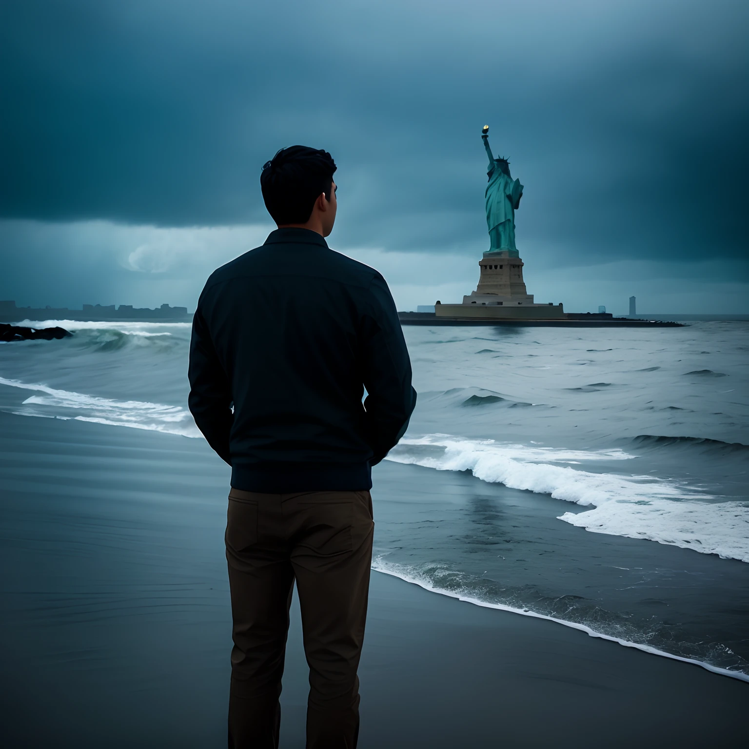 Arafeld man standing on the beach looking at the Statue of Liberty, the sea and storms behind him, Against the wind and waves, standing in a maelstrom, during a storm, a person standing in front of a, Located in the heart of New York City, looking at the ocean, The Statue of Liberty is clearly detailed,statue of liberty at left,The overall effect adds detail,Increase the resolution,Achieve 8K HD。
