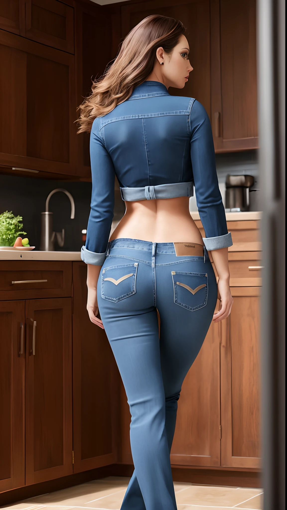 araffed woman in jeans standing in a kitchen with a wooden cabinet, tight denim jeans, blue jeans, brown hair and a perfect body, toned derriere, wearing jeans, waist - shot, jeans, photo of slim girl model, blue jeans. unreal 5, her back is to us, backview, sexy girl, ( ( ( wearing jeans ) ) )