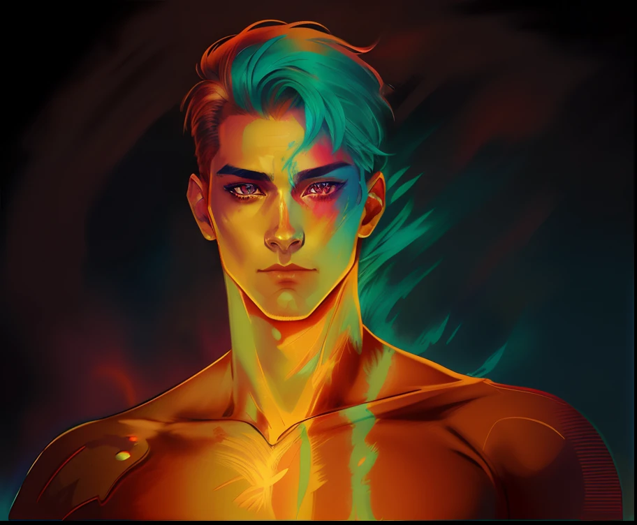 Close-up of a man in a shirt but not a shirt, Anime handsome man,Anime characters, A human skin is wrapped in turquoise flames，Relatively loose，The facial features are drawn with red makeup tools