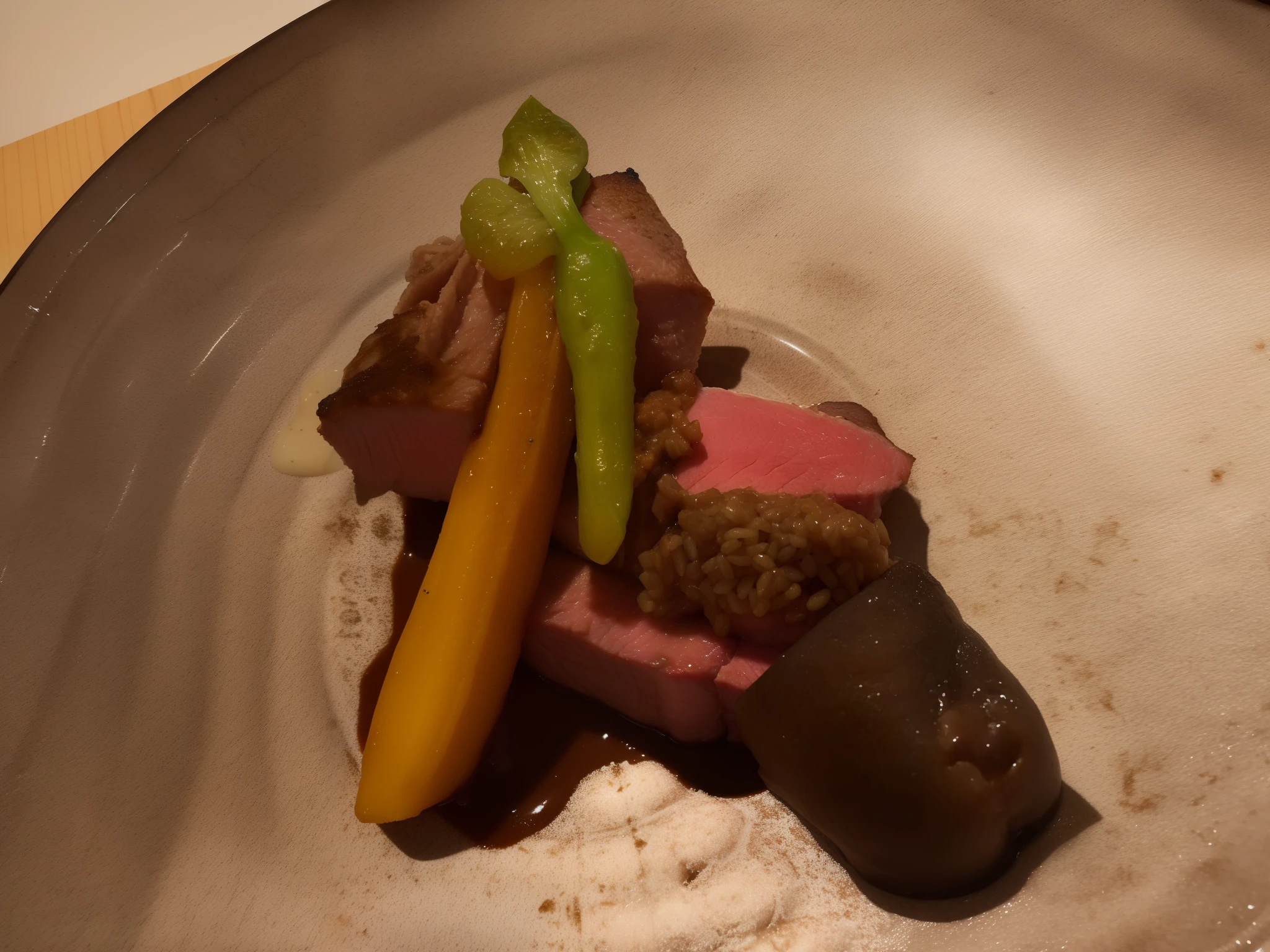 There is a plate of dishes with meat and vegetables on it, closeup at the food, beef, masterpiece work of art, taken with sony a7r camera, Three Michelin stars, In Karuizawa, けもの, 1 9 th, captured with sony a3 camera, Wang Chen, mouthwatering, Michelin-starred restaurant