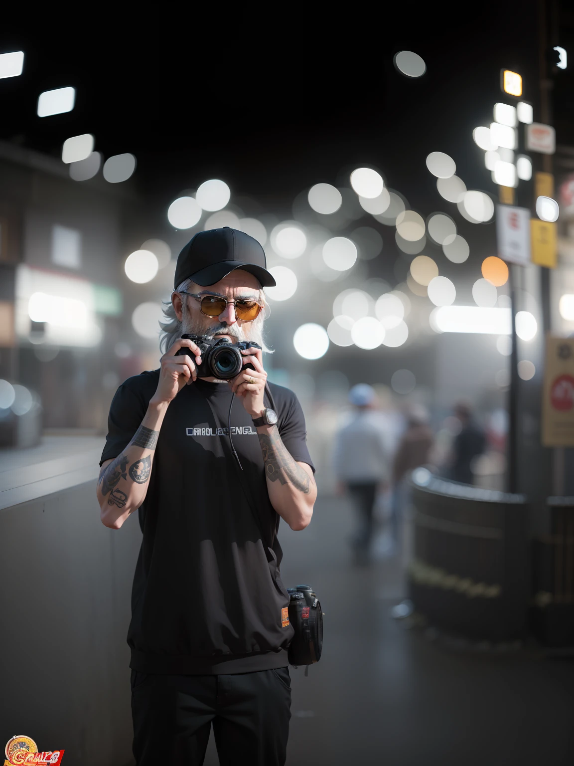 ((A white-bearded grandfather uses a DSLR camera to take pictures:1.2)),frontage,Wear a sweatshirt,With a baseball cap,Wearing sunglasses,Canon camera,Dragon Ball painting art style,Japanese cartoon style,Wearing glasses,There are tattoos on the arms,Wrist watch。