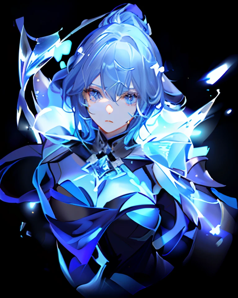 Close-up of a man with blue hair and a sword, Portrait Chevaliers du Zodiaque Fille, Ice Mage, blue aura, Ayaka Genshin impact, glowing blue, Ashe, Official artwork, freezing blue skin, From Arknights, arcane art style, ice sorceress, Avatar image, advanced digital anime art ”, glowing blue face, knights of zodiac girl