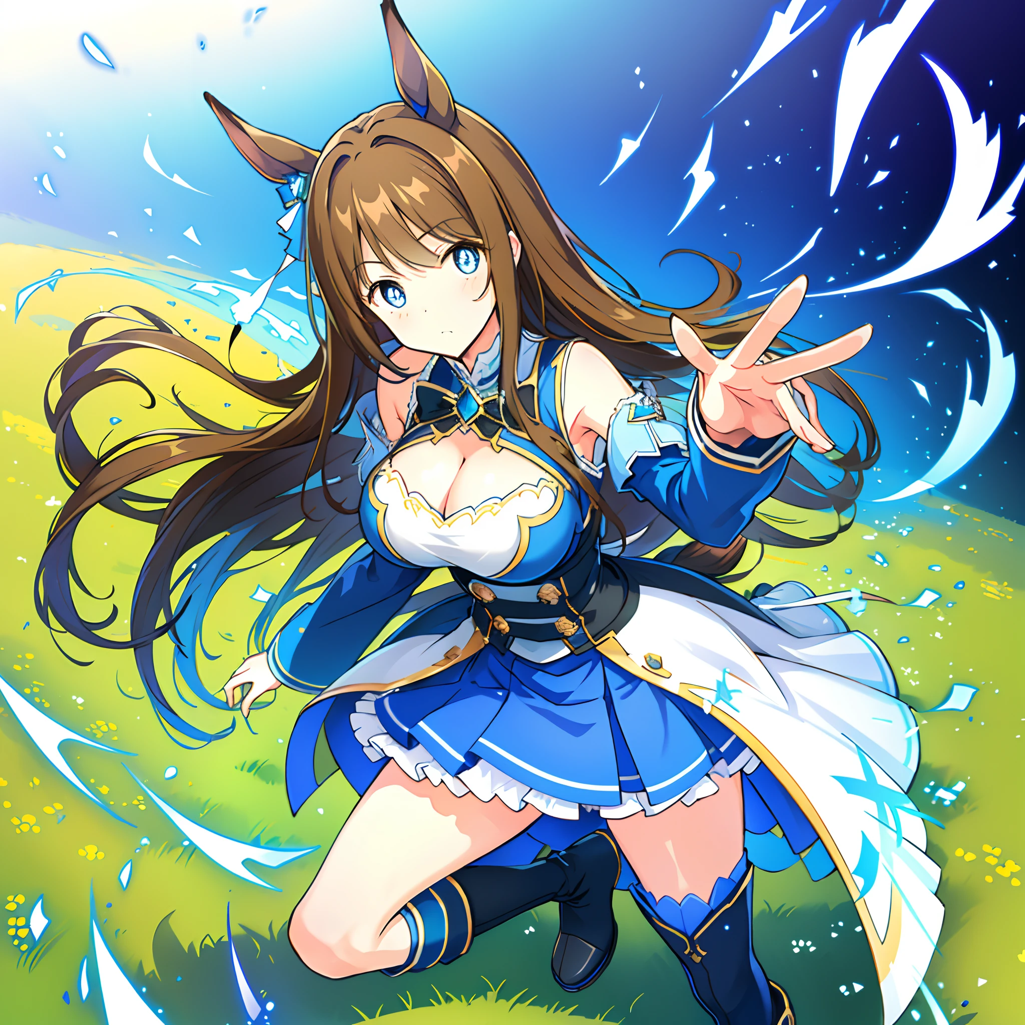 ((Masterpiece, Best quality)),(illustration),(detailedlight),((anextremelydelicateandbeautiful)),1girll,Horse Ears,Horse girl,Long hair,Brown hair,gradient blue eyes,Bright pupils,black over-the-knee socks,Black and blue dress,Blue socks,Blue skirt，kneehighs,Boots,Long sleeves,frilld, Footwear,cropped shoulders, cleavage cutout，Bigboobs