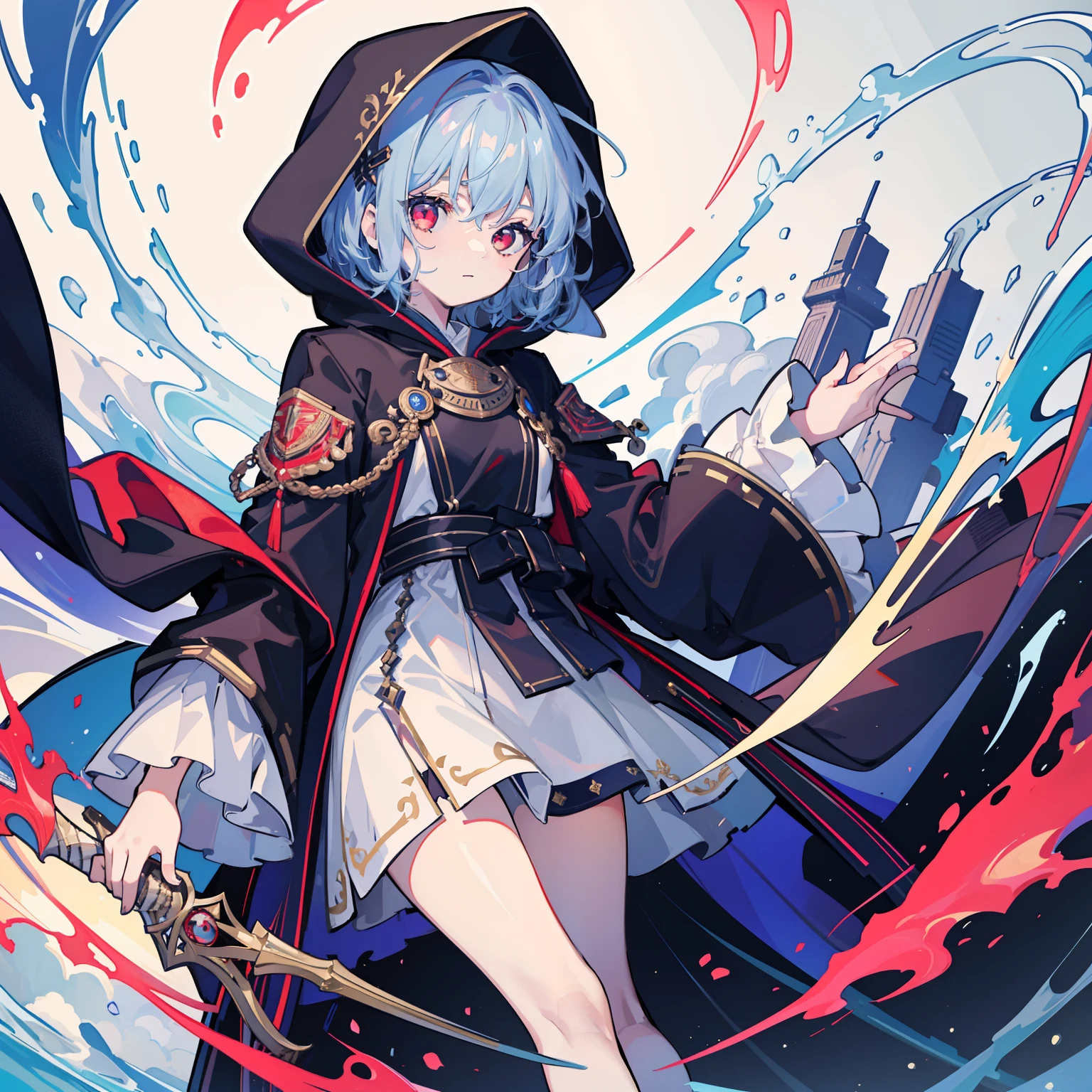 masterpiece, fine details, 4k, 8k, 12k, solo, 1 person, beautiful girl, white female, 15 years old, 149cm, light blue hair, short hair, wavy hair, red eyes, black robe, long sleeves, wide sleeves, long hem, black hood