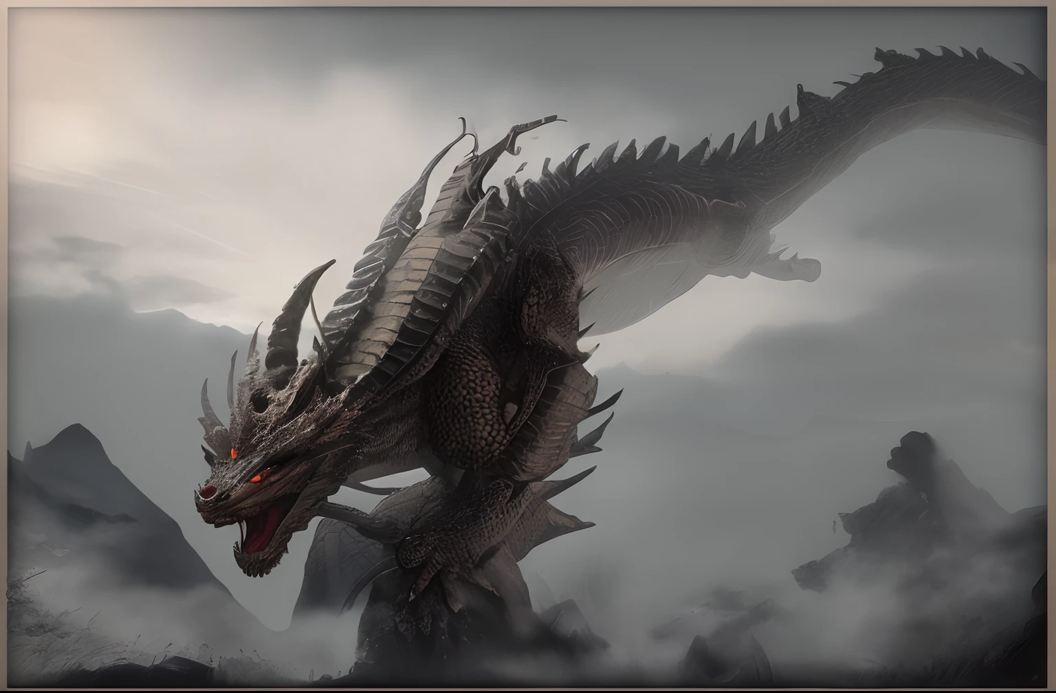 A close up of a dragon with a red eye on a mountain - SeaArt AI