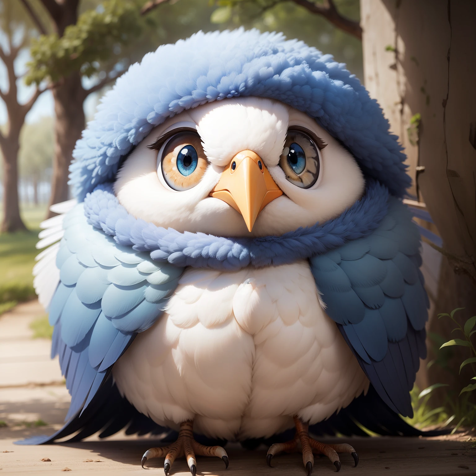 Fluffy, bulbous, big-eyed, cute bird