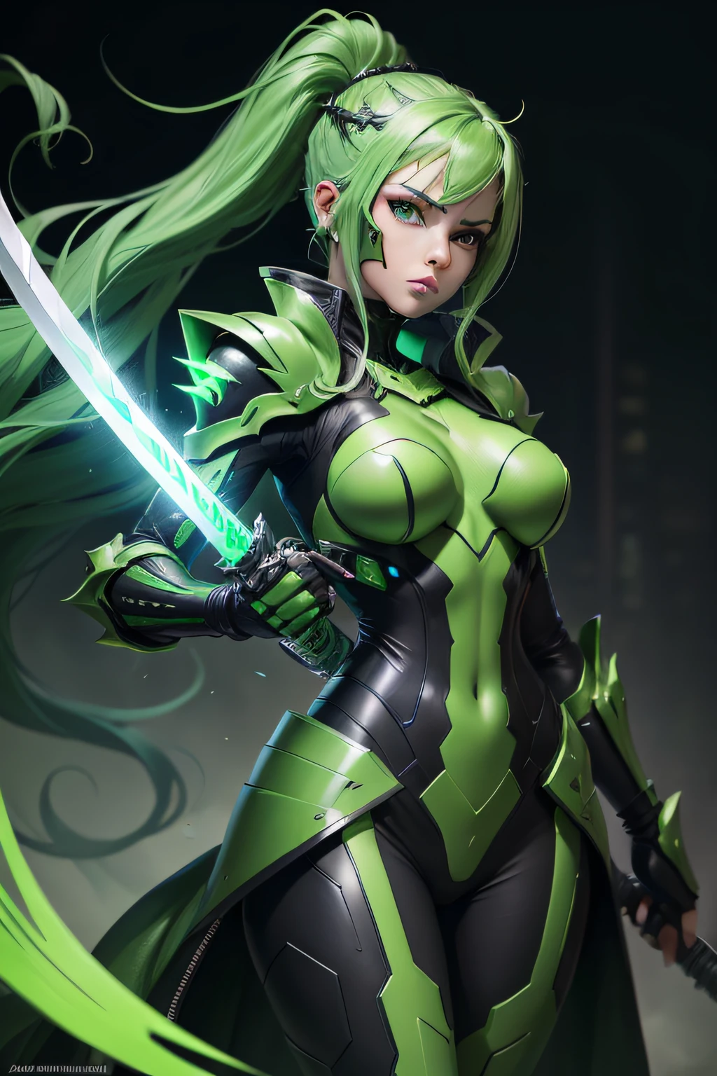 (best quality) (extra high definition) video game Valorant cartoon a woman viper toxic mask in a green outfit with a sword, sleek glowing armor, green armor, painted in the style arcane, valorant character, neon armor, omen from valorant, viper ( valorant ), glowing green soul blade, metallic green armor, cyberpunk smoke green toxic