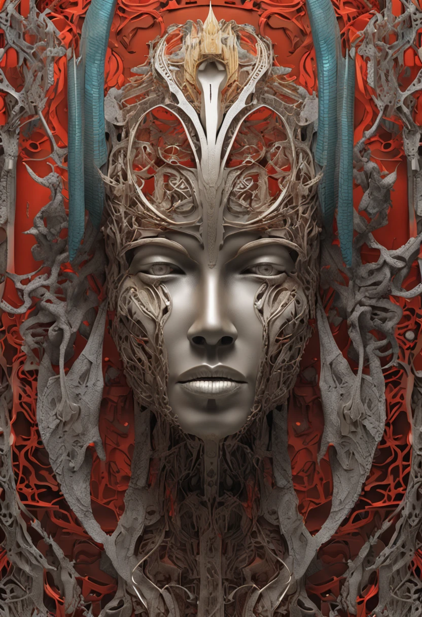 Intricate 3d rendering ultra-detailed beautiful angel of death, biomechanical robot, simulated 150mm lens, beautiful natural soft edge light, neon veins, roots, delicate leaf lace, colorful details, Boris Bidjan Saberi costume, pearl earrings, piercings, art nouveau fashion embroidery, intricate details, mesh lines, Mandelbrot fractals, facial muscles, cables, microchips, villains, surreal, ultra-detailed, octane, volumetric lighting, 8k and post-production, red The white has a little bit of black, Metal Skeleton Details, Half-Human, Iridescent, Glenn Brown Style, Futuristic Room, Power of God, High Angle Shot, Complex Body Poses