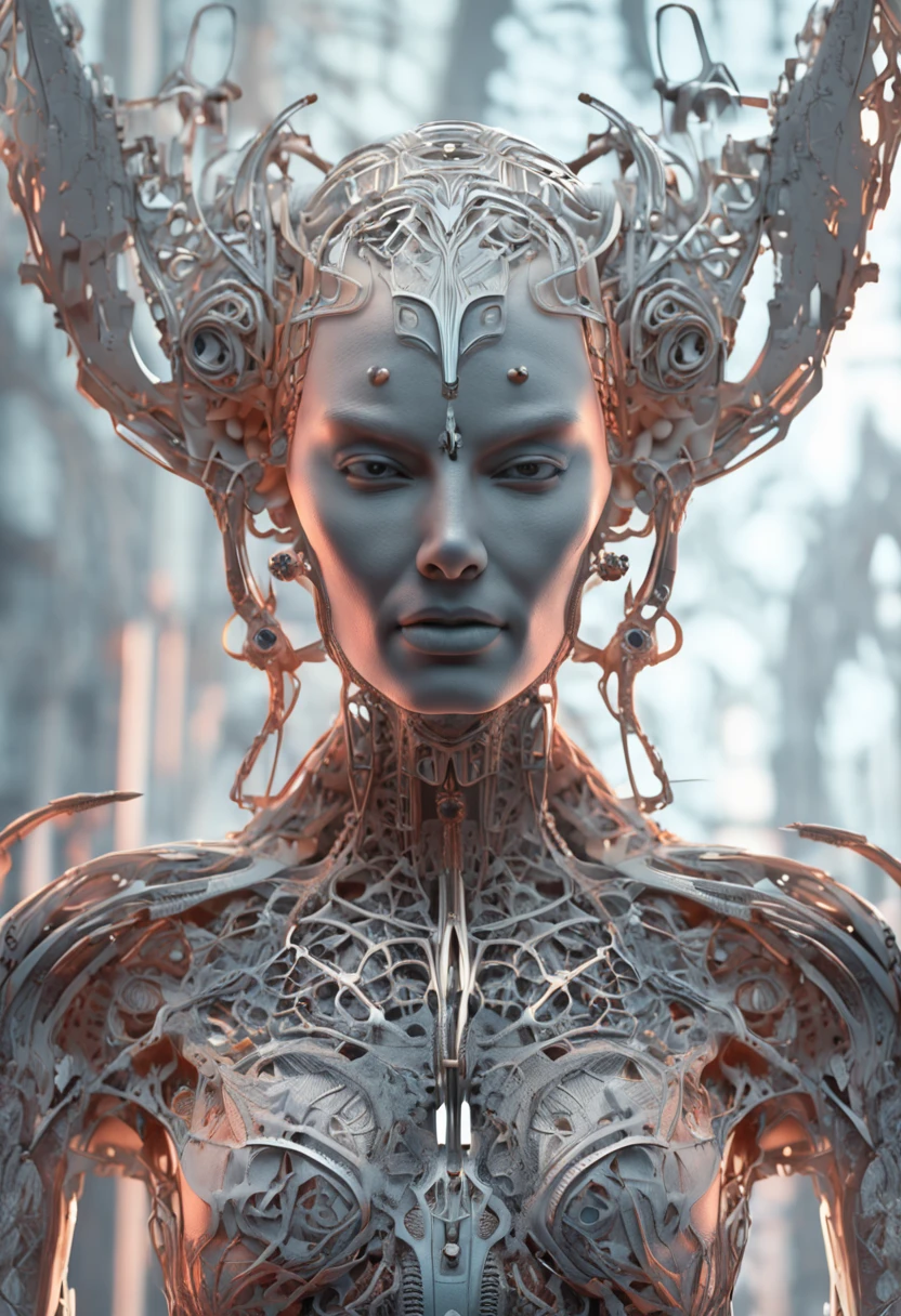 Intricate 3d rendering ultra-detailed beautiful angel of death, biomechanical robot, simulated 150mm lens, beautiful natural soft edge light, neon veins, roots, delicate leaf lace, colorful details, Boris Bidjan Saberi costume, pearl earrings, piercings, art nouveau fashion embroidery, intricate details, mesh lines, Mandelbrot fractals, facial muscles, cables, microchips, villains, surreal, ultra-detailed, octane, volumetric lighting, 8k and post-production, red The white has a little bit of black, Metal Skeleton Details, Half-Human, Iridescent, Glenn Brown Style, Futuristic Room, Power of God, High Angle Shot, Complex Body Poses