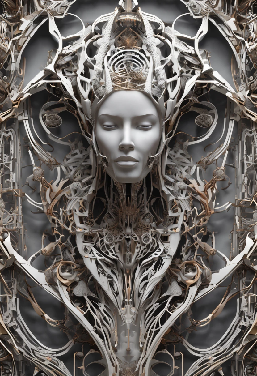 Intricate 3D rendering of the beautiful angel of death、biomechanical cyborg、Analog 150mm lens、Nice natural soft edge light、Neon veins、Root、Delicate leaf lace、Color details、Boris Bidjan Saberi costume、Pearl earrings、nipple piercing、Art Nouveau fashion embroidery、intricately details、Mesh lines、Mandelbrot fractal、face muscles、electric cables、micro Chip、lotr、hyper realisitc、octane,Volumetriclighting,8K and post-production,Red white with a bit of black,Metal skeleton detail,Half-human,irridescent,Glenn Brown style,Futuristic room、The power of God、high-angle shot、Complex body posture,chinesedragon,Chinese Phoenix