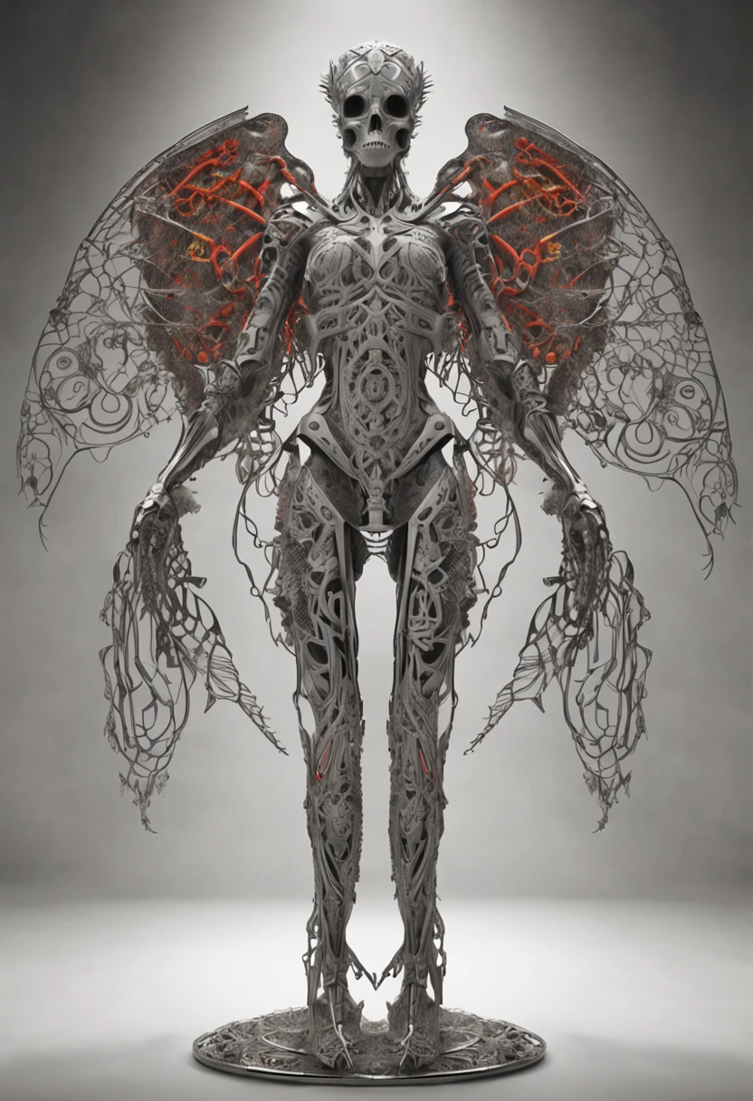 Intricate 3d rendering ultra-detailed beautiful angel of death, biomechanical robot, simulated 150mm lens, beautiful natural soft edge light, neon veins, roots, delicate leaf lace, colorful details, Boris Bidjan Saberi costume, pearl earrings, piercings, art nouveau fashion embroidery, intricate details, mesh lines, Mandelbrot fractals, facial muscles, cables, microchips, villains, surreal, ultra-detailed, octane, volumetric lighting, 8k and post-production, red The white has a little bit of black, Metal Skeleton Details, Half-Human, Iridescent, Glenn Brown Style, Futuristic Room, Power of God, High Angle Shot, Complex Body Poses