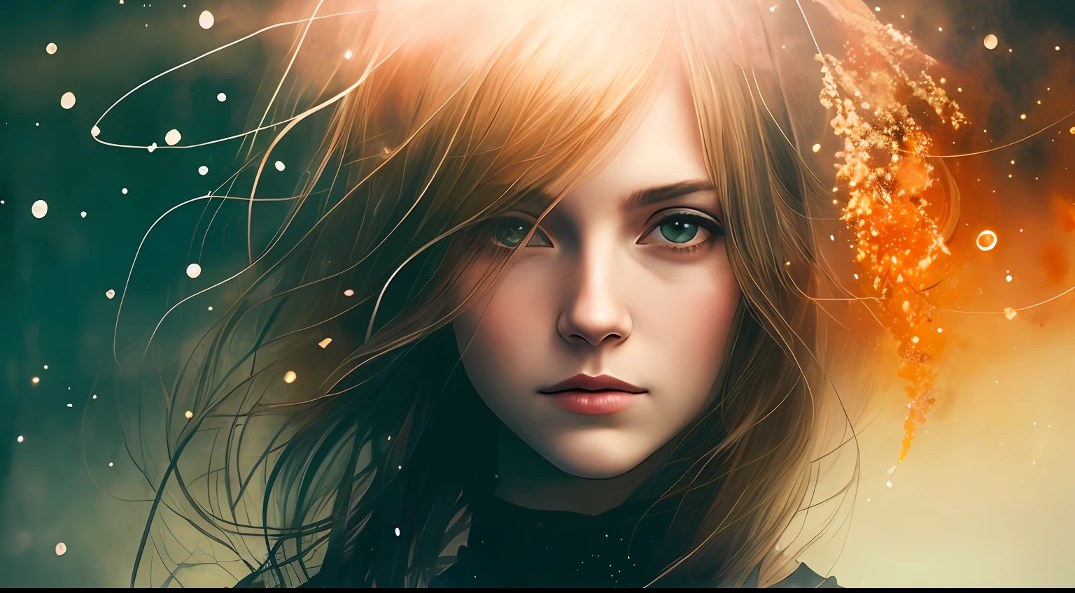 The female figure of Agnes Cecile，Radiation components，Soft color grading，Ink droplets drift away，Warm lights in autumn，1lady