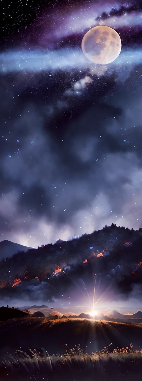 Vast landscape photos, (from below, the sky above, open fields below), a boy standing on a flower field looking up, (Full Moon: 1.2), (Meteor: 0.9), (Nebula: 1.3), Distant Mountains, Trees BREAK Making Art, (Warm Light Source: 1.2), (Firefly: 1.2), Lamps, Lots of Purple and Orange, Intricate Details, Volumetric Lighting BREAK (Masterpiece: 1.2), (Best Quality), 4K, Ultra Detailed, (Dynamic Composition: 1.4), Detailed, Colorful, (Iridescent: 1.2), (Glow, Atmospheric Lighting), Dreamy, Fantastic, (Solo: 1.2)
