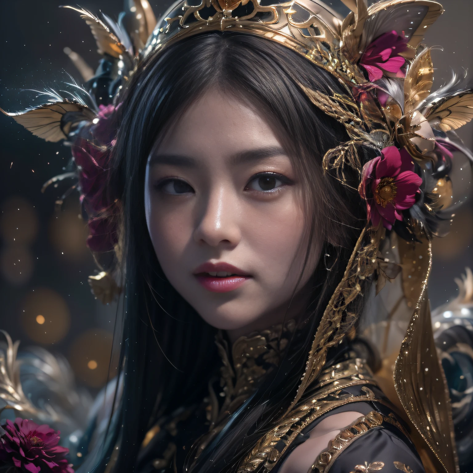 32K（tmasterpiece，k hd，hyper HD，32K）Mards，Long flowing black hair，Lunar soil，ponds ，Mantis protector （realisticlying：1.4），Red robe with a flame pattern，Purple-pink tiara，Petals flutter，The background is pure，Hold your head high，Be proud，The nostrils look at people， A high resolution， the detail， RAW photogr， Sharp Re， Nikon D850 Film Stock Photo by Jefferies Lee 4 Kodak Portra 400 Camera F1.6 shots, Rich colors, ultra-realistic vivid textures, Dramatic lighting, Unreal Engine Art Station Trend, cinestir 800，Hold your head high，Be proud，The nostrils look at people