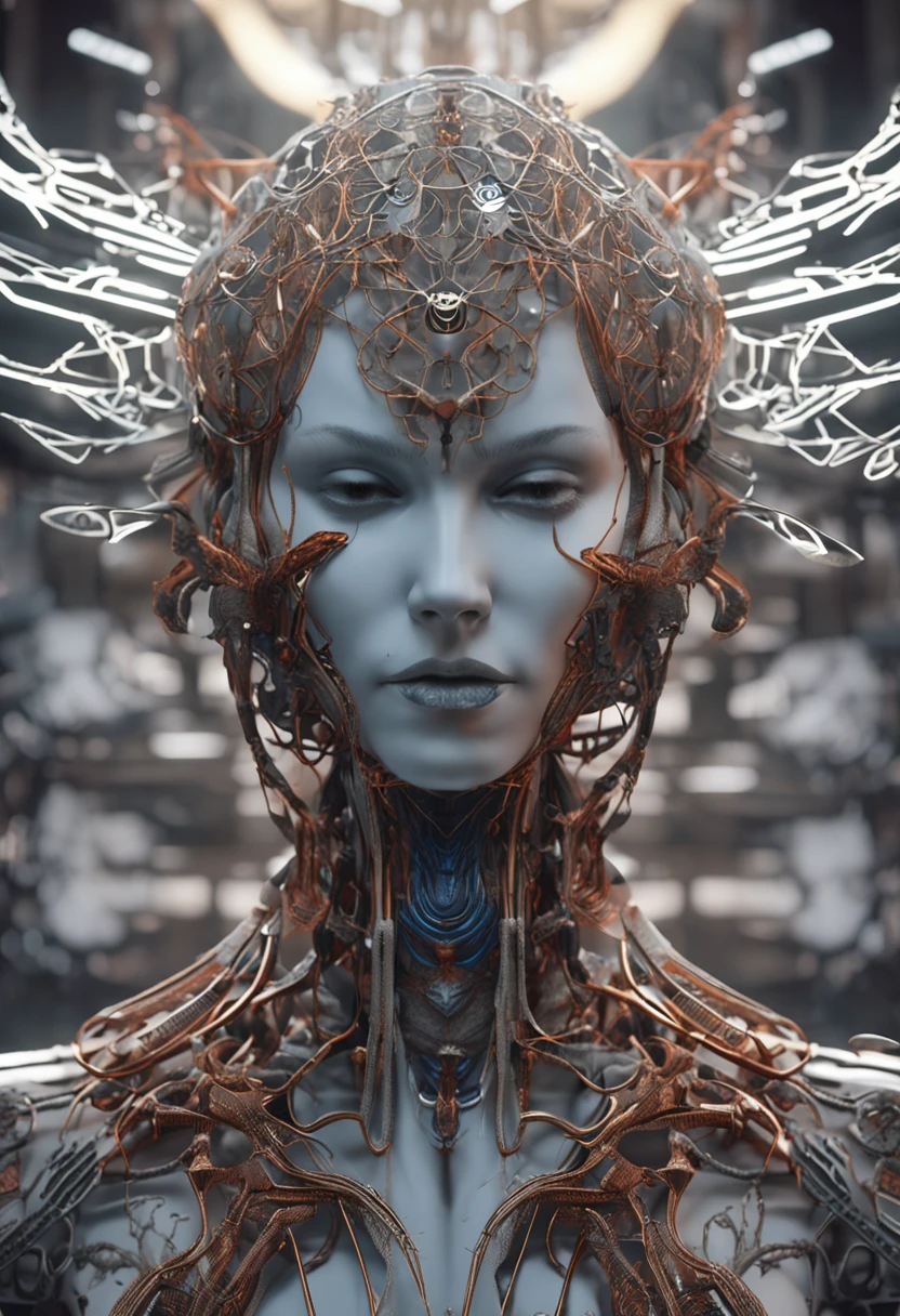 Intricate 3D rendering of the beautiful angel of death、biomechanical cyborg、Analog 150mm lens、Nice natural soft edge light、Neon veins、Root、Delicate leaf lace、Color details、Boris Bidjan Saberi costume、Pearl earrings、nipple piercing、Art Nouveau fashion embroidery、intricately details、Mesh lines、Mandelbrot fractal、face muscles、electric cables、micro Chip、lotr、hyper realisitc、octane,Volumetriclighting,8K and post-production,Red white with a bit of black,Metal skeleton detail,Half-human,irridescent,Glenn Brown style,Futuristic room、The power of God、high-angle shot、Complex body posture,chinesedragon,Chinese Phoenix