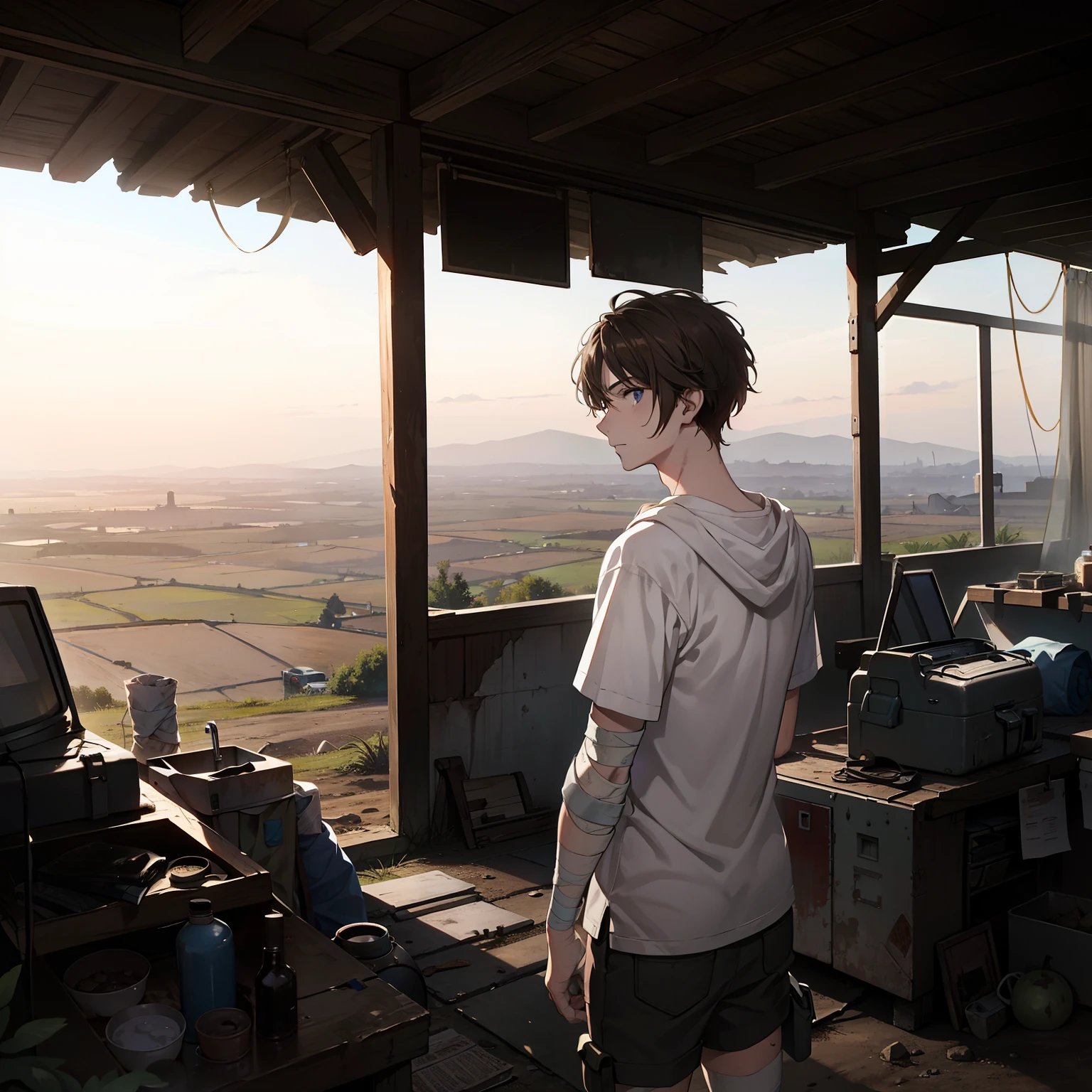 Wasteland countryside,A young brunette man wrapped in a bandage,looking at the distance,Faraway view,Characters make up one-fifth