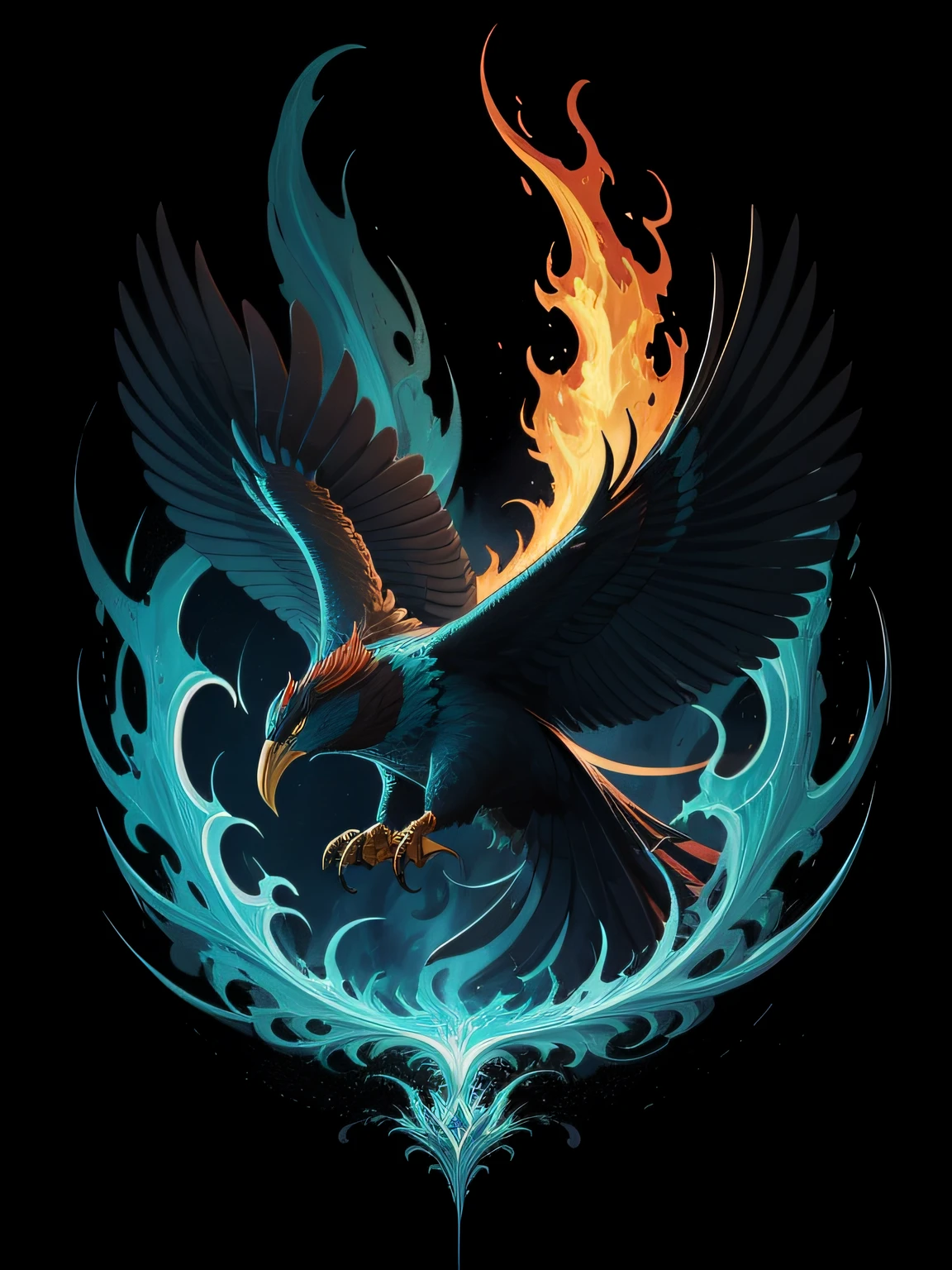 [phoenix bird made of fire] Heraldic silhouette, logo masking style illustration, by dan mumford, by greg rutkowski, by james jean, black background, mysterious, fantasy art, realistic, majestic, rich vibrant colors, high contrast, seamless water brand, artstation, deviantart, dribble, redbubble, teepublic, sharp focus, simple, hyper detailed, detailed drawing, vectorize, outline, isometric style, 8k."