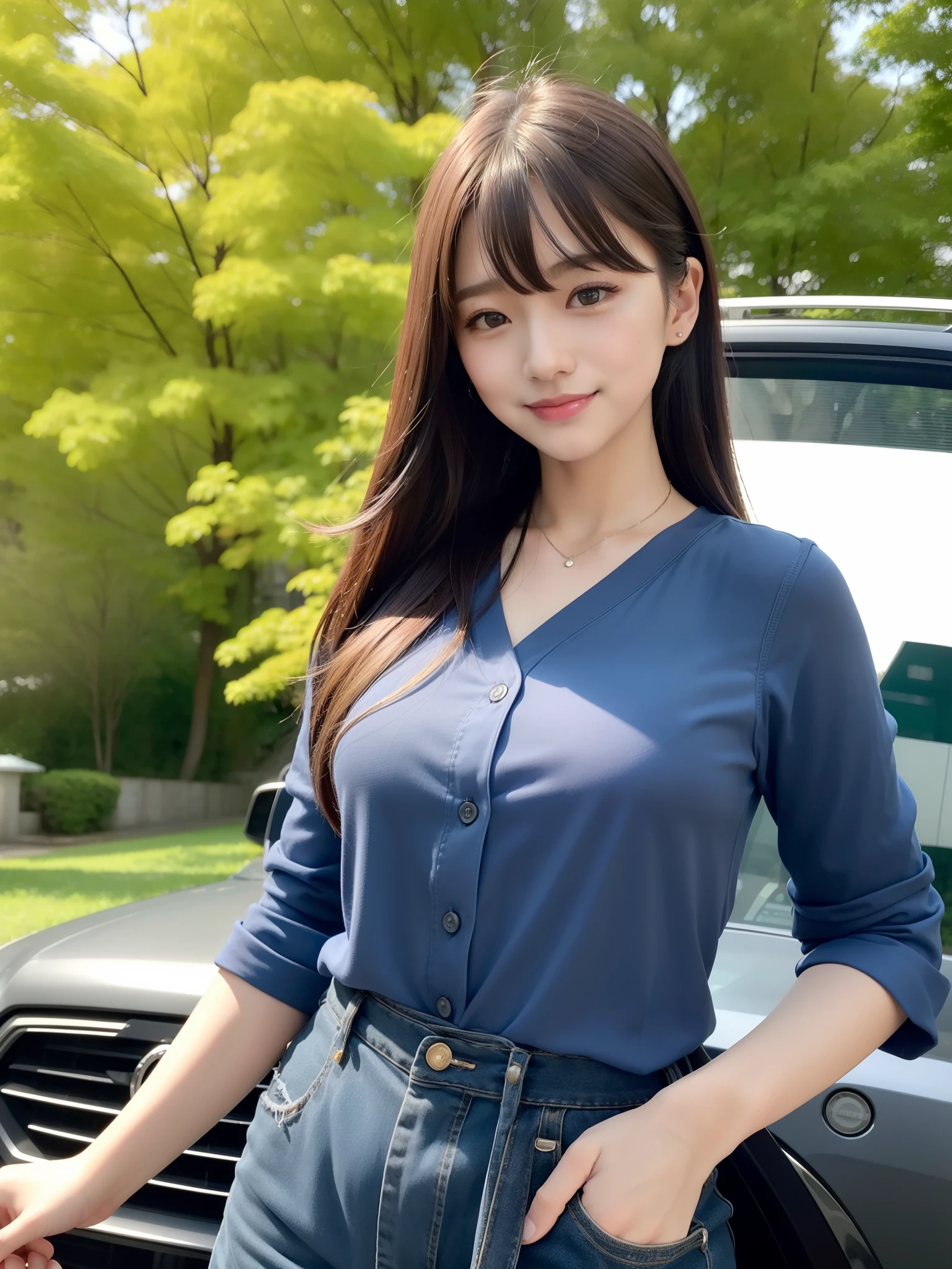 Japan 2 women、fully body photo、(Photorealsitic、hight resolution:1.4)、Staring at the viewer、(8K、Raw photography、top-quality、masterpiece:1.2)、(realisitic、Photorealsitic) :1.37)、(foco nítido:1.2)、Professional Writing、photon maping、Radio City、Physically Based Rendering、(de pele branca:1.2)、Viewer's Perspective、(Middle hair:1.5)、portlate、bangss、nature backdrop、Car background、独奏、realisitic、(masterpiece:1.4)、(top-quality:1.4)、(glowy skin)、Very smiling、skinny、blouse、Regular Bust