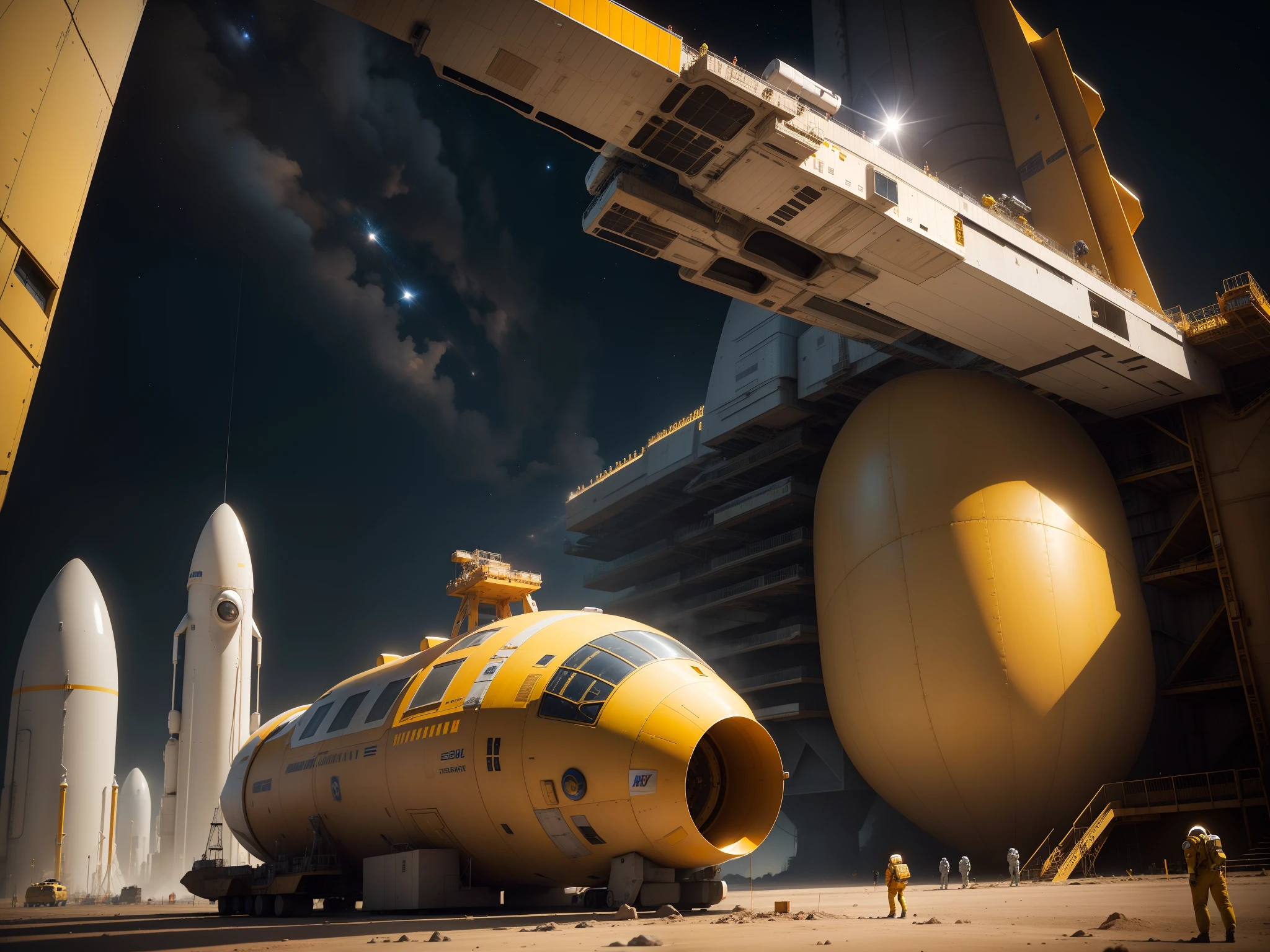 a scene of a Astronauts in yellow Space Suit, repairing a large spaceship, another large spaceship in the background, alien plane