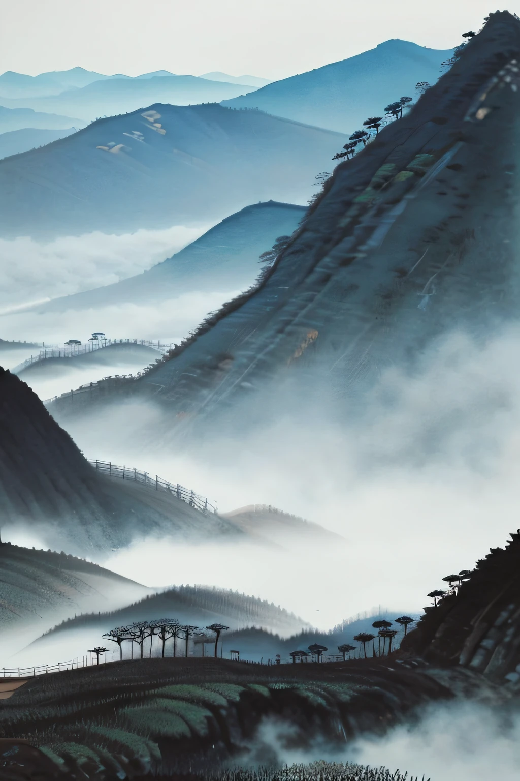 Mountain,wuchangshuo, wuchangshuo,tmasterpiece,Best quality at best,(The is very detailed的 CG unified 8k 壁纸)(best qualtiy),(Most Best Illustration),(Best shadow)Harvest wheat naturally,Super meticulous,In the evening, the view of Nanshan is very good,Fog peaks spread,Birds return together。
