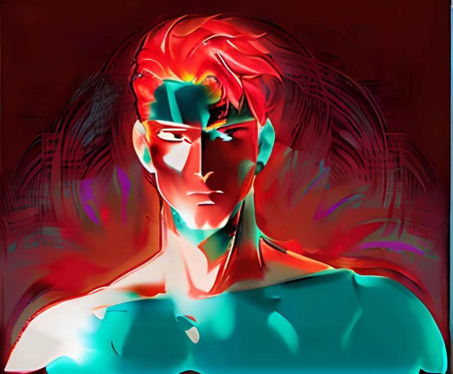 Anime characters, Human skin wrapped in turquoise flame，Relatively lenient，Facial features are drawn with red makeup tools