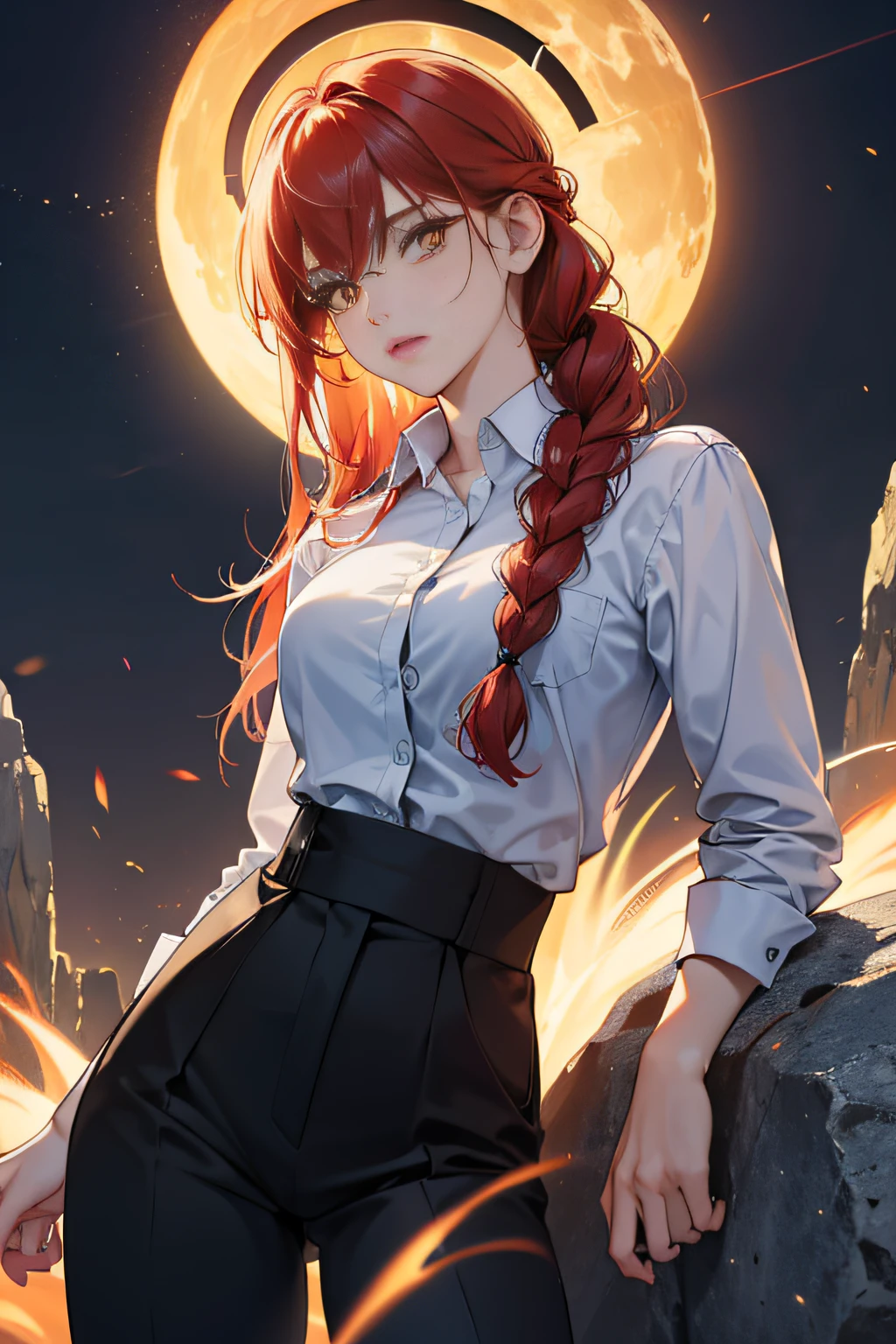 female pervert, Bigchest, Business suit, white shirt, burial site, red hair, braid, bangs, single braid, halo, eyebrows behind hair, devil eyes, yellow eyes, longeyelashes, Surrealism, atmospheric perspective, Sony FE GM, UHD, retina, masterpiece, ccurate, anatomically correct, textured skin, super detail, high details, high quality, best quality, highres, 1080P --auto