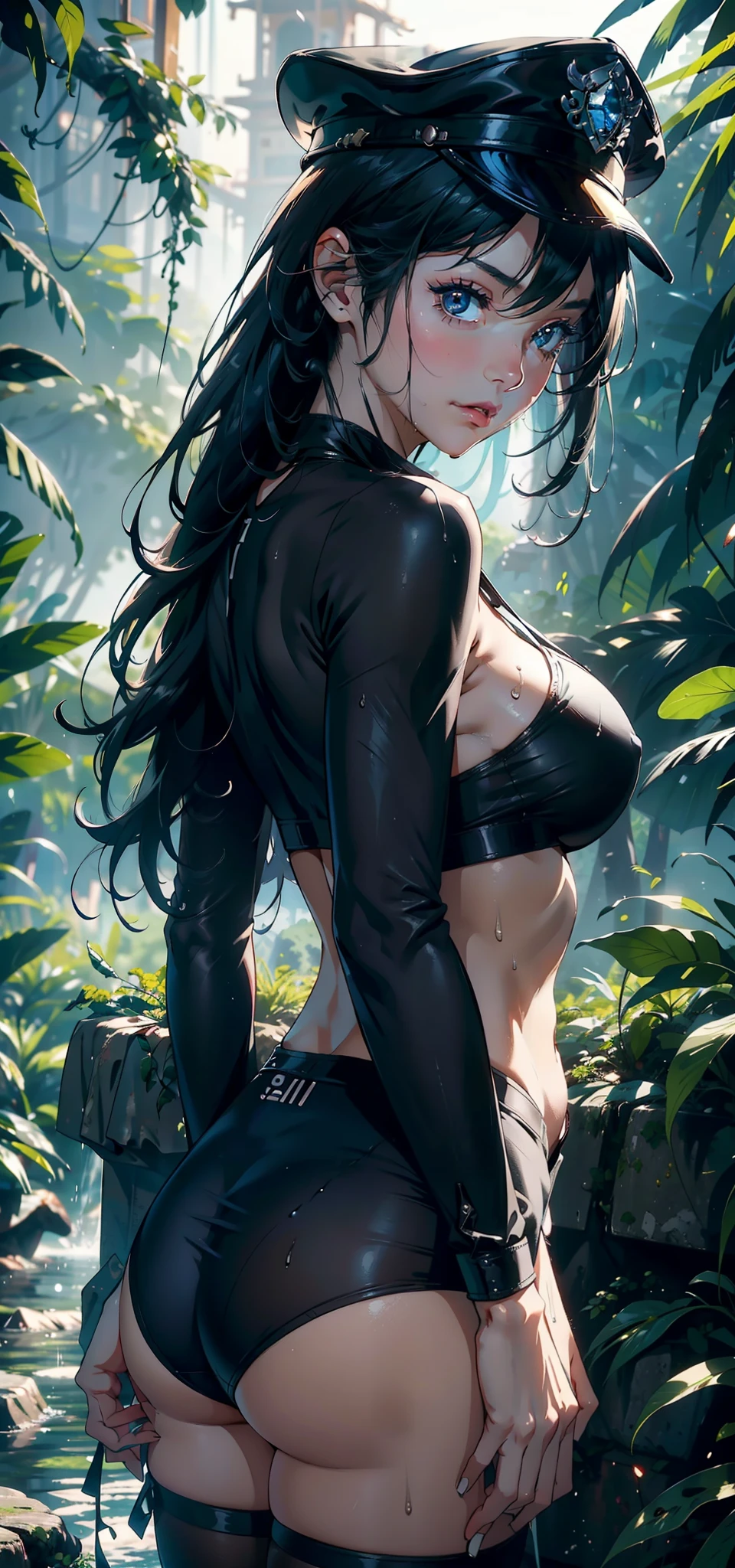 1female，9 ，bit girl，super adorable，Bigchest，Big breasts Thin waist，long leges，Buttock augmentation，Pornographic exposure， 独奏，（Background with：hilltop，the rainforest，in summer，Standing water on the ground，exteriors） Feel free to hairstyle，Stride，Sweat profusely，drenched all over the body，seen from the front，Long black hair ， mostly cloudy sky，（（（tmasterpiece），（Very detailed CG unity 8K wallpaper），best qualtiy，cinmatic lighting，detailed back ground，beatiful detailed eyes，Bright pupils，（Very fine and beautiful），（Beautiful and detailed eye description），ultra - detailed，tmasterpiece，）），facing at camera，A high resolution，ultra - detailed）nakeness，Wipe off panties，revealing breasts，Bare genitalia， Bulge，Camel toes，Raised sexy，Lewd expression，Flushed complexion，Open-mouthed，frontage，Officer's cap，（Wearing：White officer shirt，Black pantyhose）