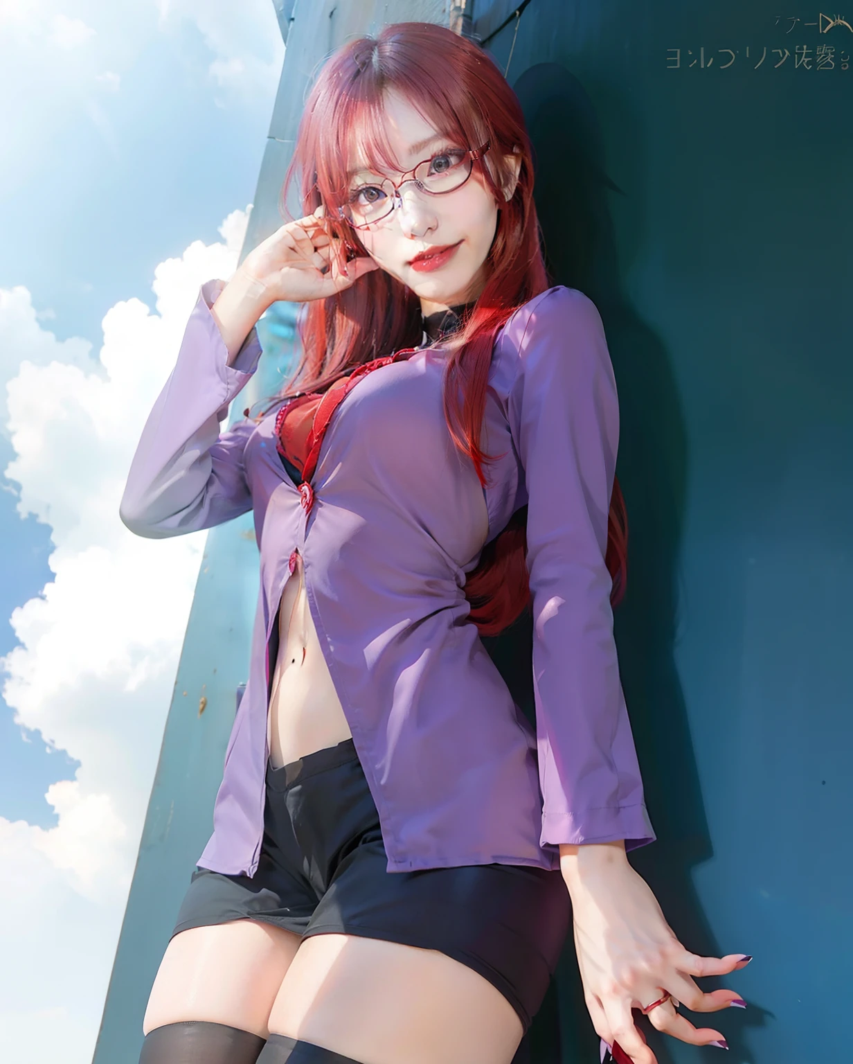 1girl, uzumaki karin, long hair, sexy dress, red hair, red eyes, smile, beautiful, purple clothes, very big breast, sexy clothes, wearing glasses, outdoor background, ultra detail, realistic