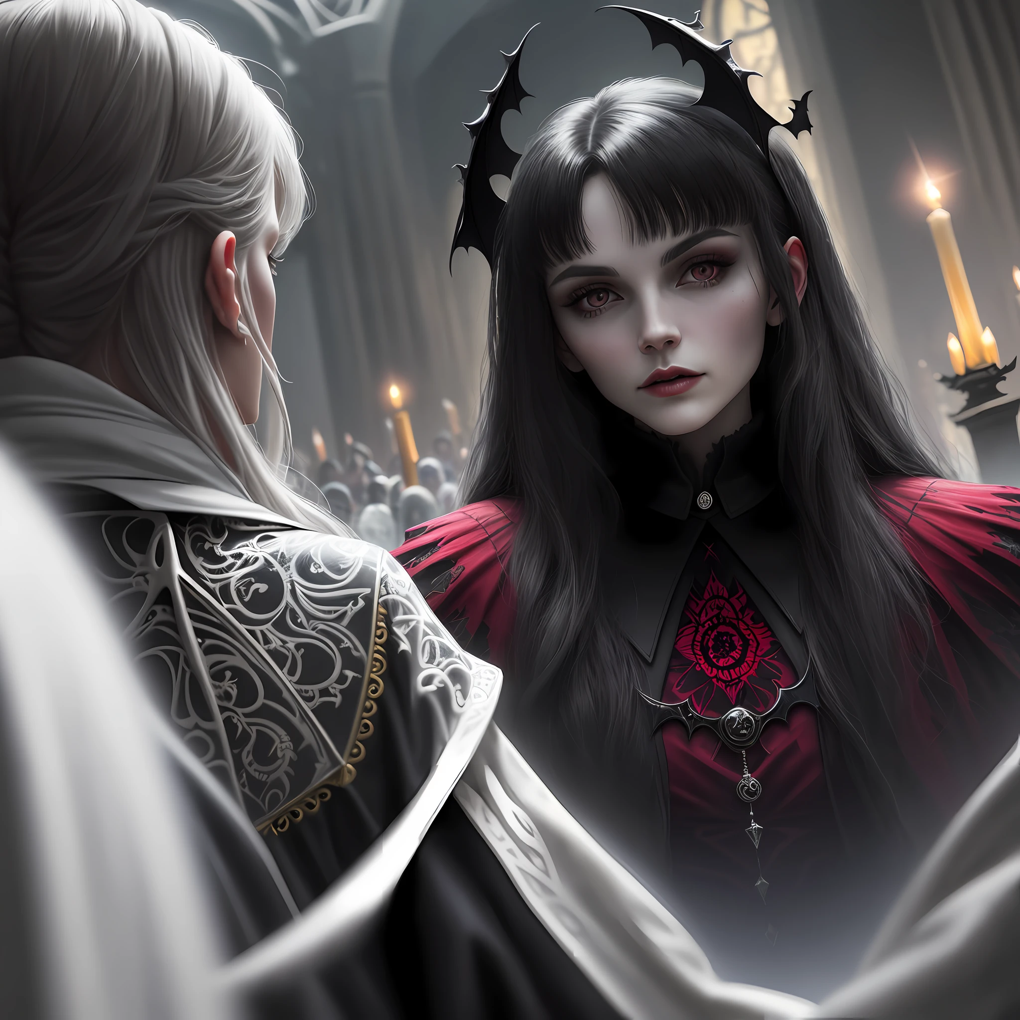 Close-up of two vampires,Stay in a magnificent cemetery,(Cemetery female vampire facing the audience:1.2),(Male vampires inside the cemetery face the audience:1.2),(There are flying bats in the sky:1.2),(Old European castle architectural style),(Moonlight shines through the clouds),(The picture presents a mysterious and obscure gray tone),(tmasterpiece),(Best picture quality),(Very detailed and uniform picture),(8k wallpaper),(Tyndall effect),(light and shadow effect),(Obvious layering),(Unreal 5),The creation is inspired by movies《Vampire Dracula》,Tattooed with,red color eyes,goth style,Psychedelic surrealist art,Surrealist psychedelic design,dream art style,Illusion psychedelic art,Quality quantity, Skin texture, Intricate details, (Cinematic lighting), RAW photo, 8K,